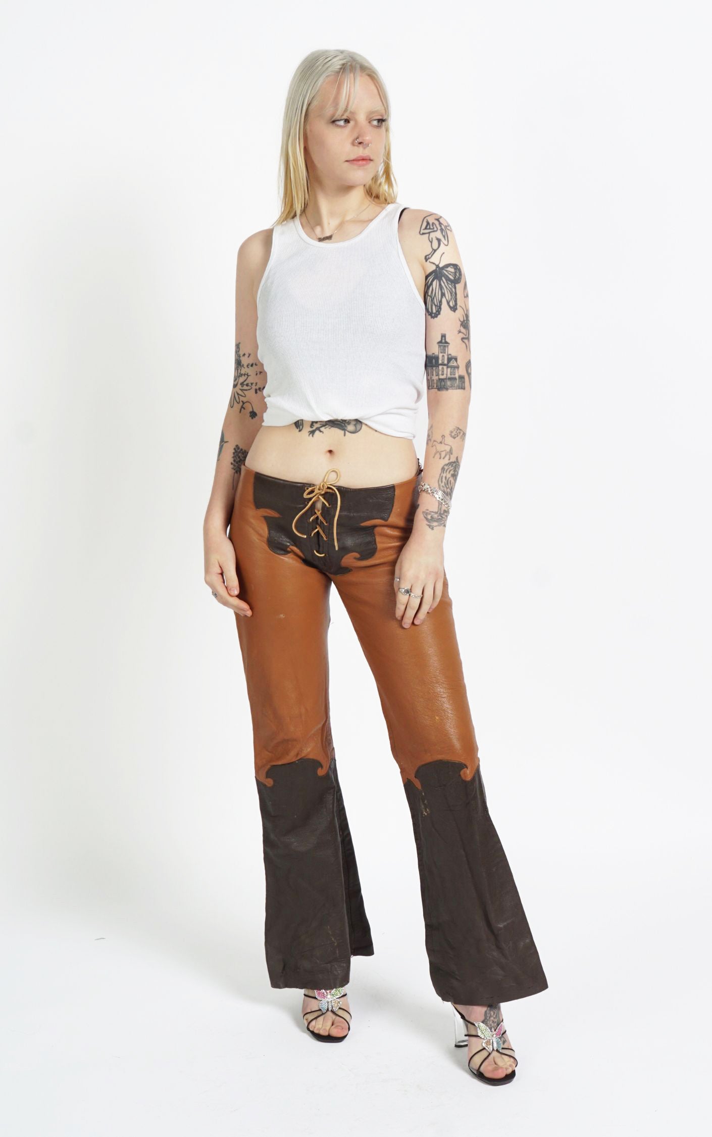 VINTAGE 80s Leather Lace Up Fly Low Rise Flared Bootcut Pants 
