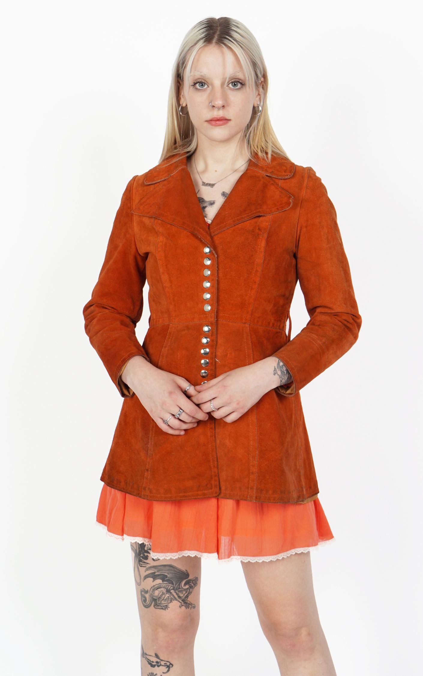 VINTAGE 80s Orange Suede Buttoned Boho Tailored Jacket