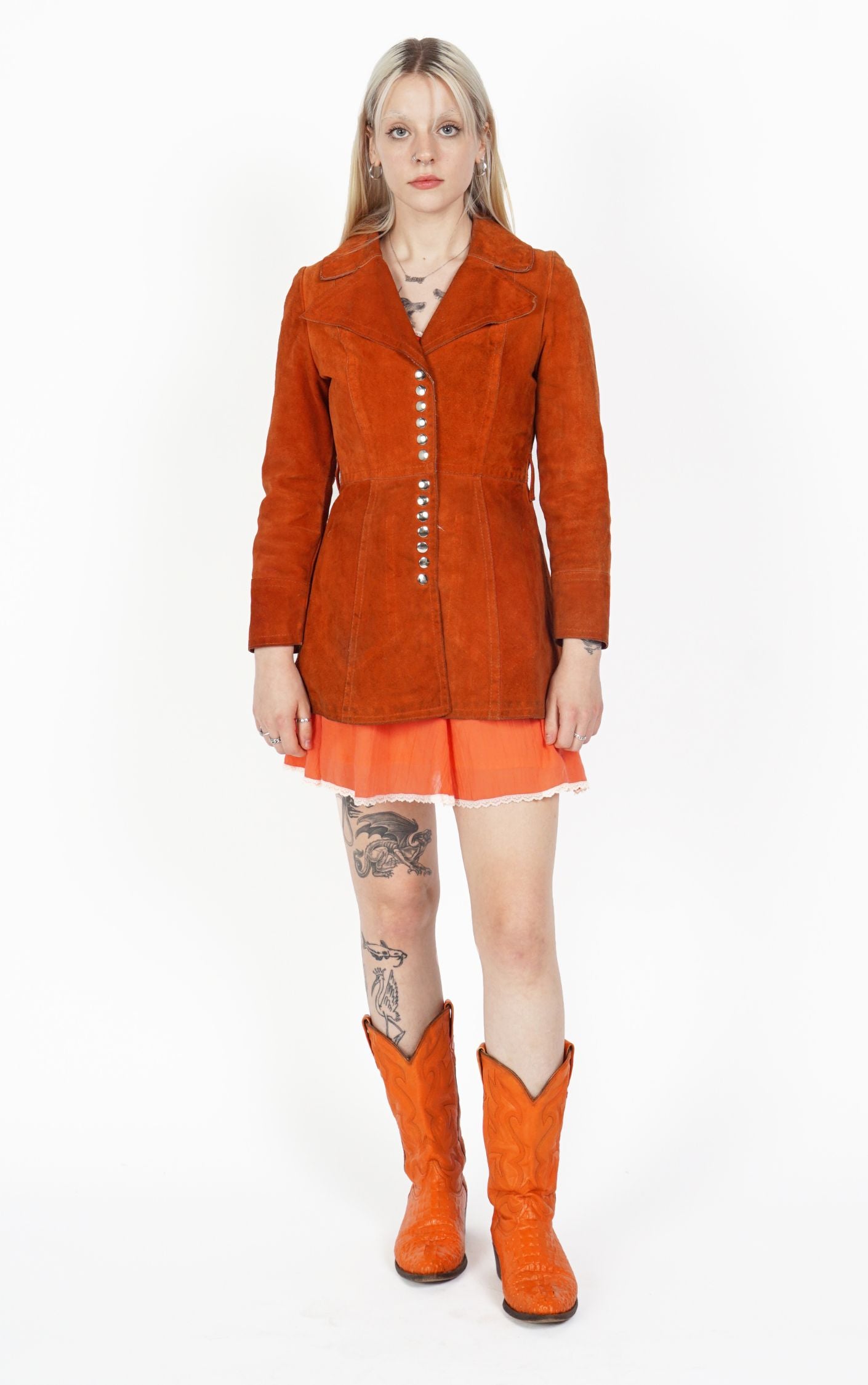 VINTAGE 80s Orange Suede Buttoned Boho Tailored Jacket