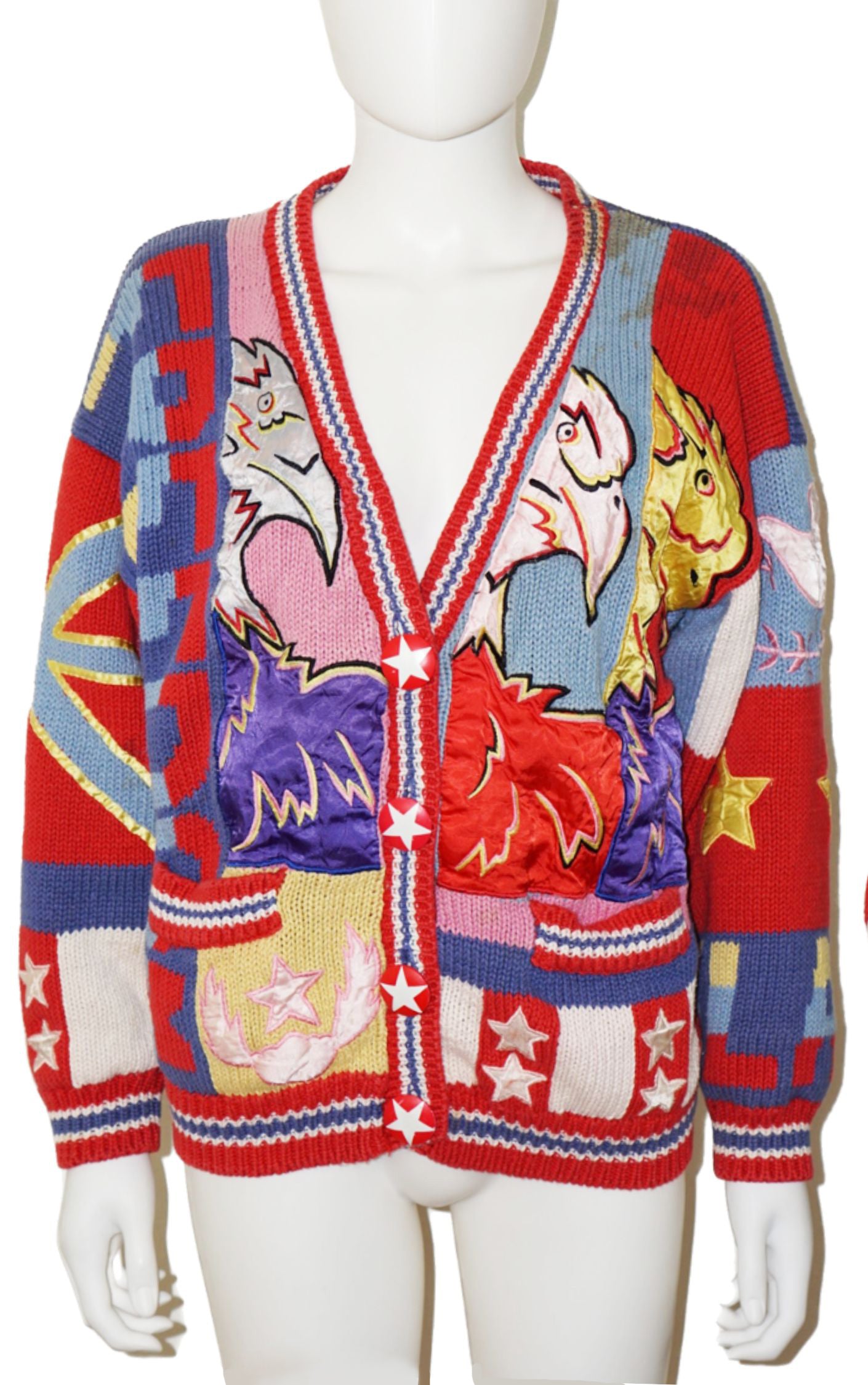 VINTAGE 80s Patchwork Eagle Buttoned Knit Cardigan resellum