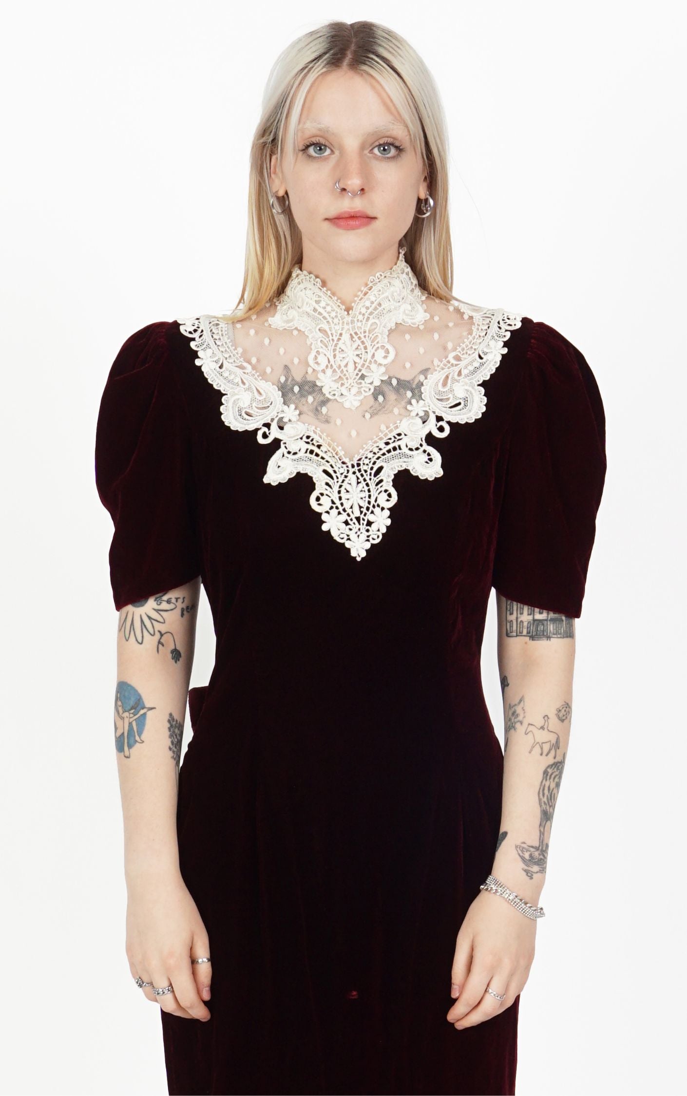 VINTAGE 80s Burgundy Velvet Puff Sleeve Maxi Dress resellum