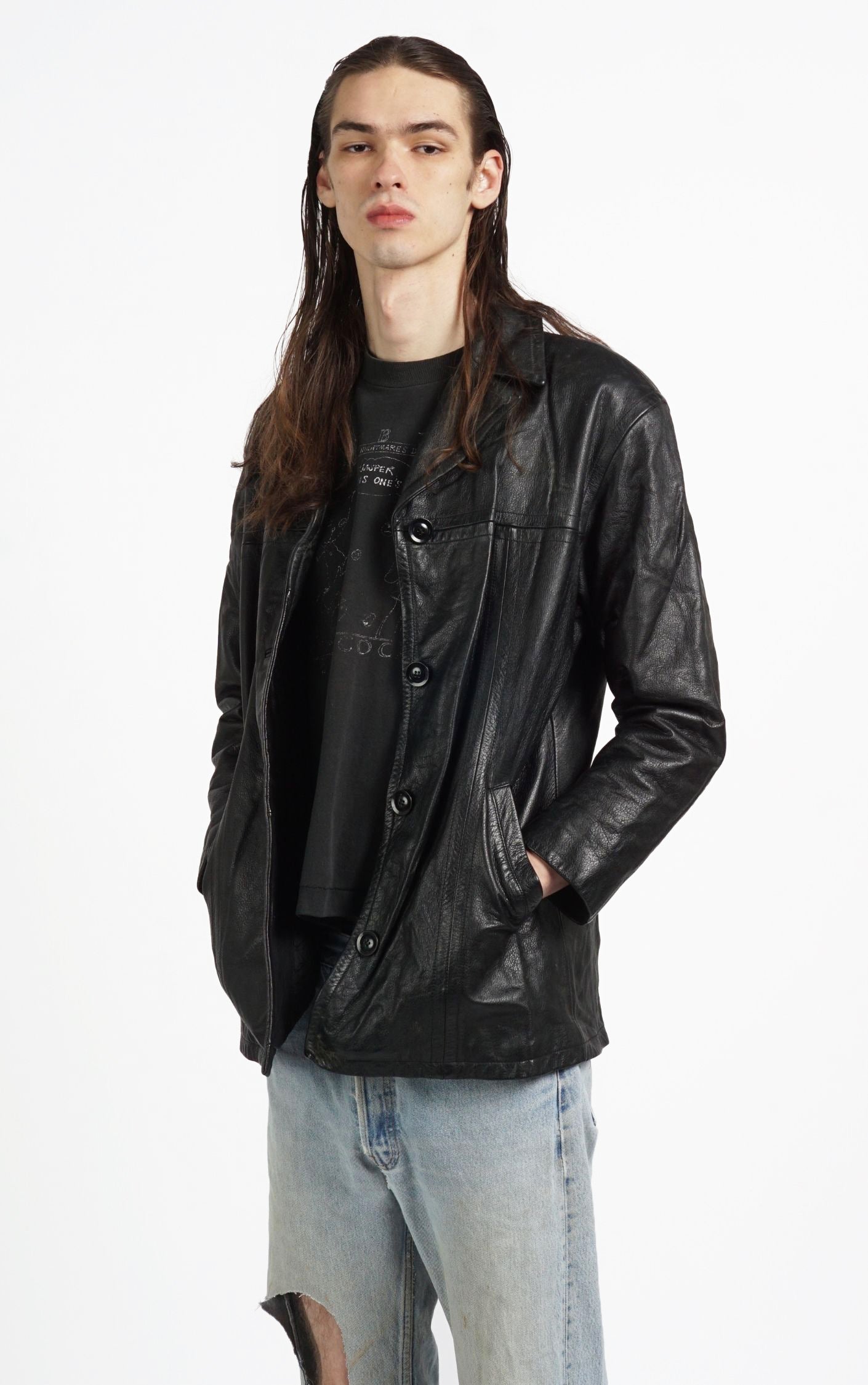 VINTAGE 90s Black Leather Button Down Tailored Jacket resellum