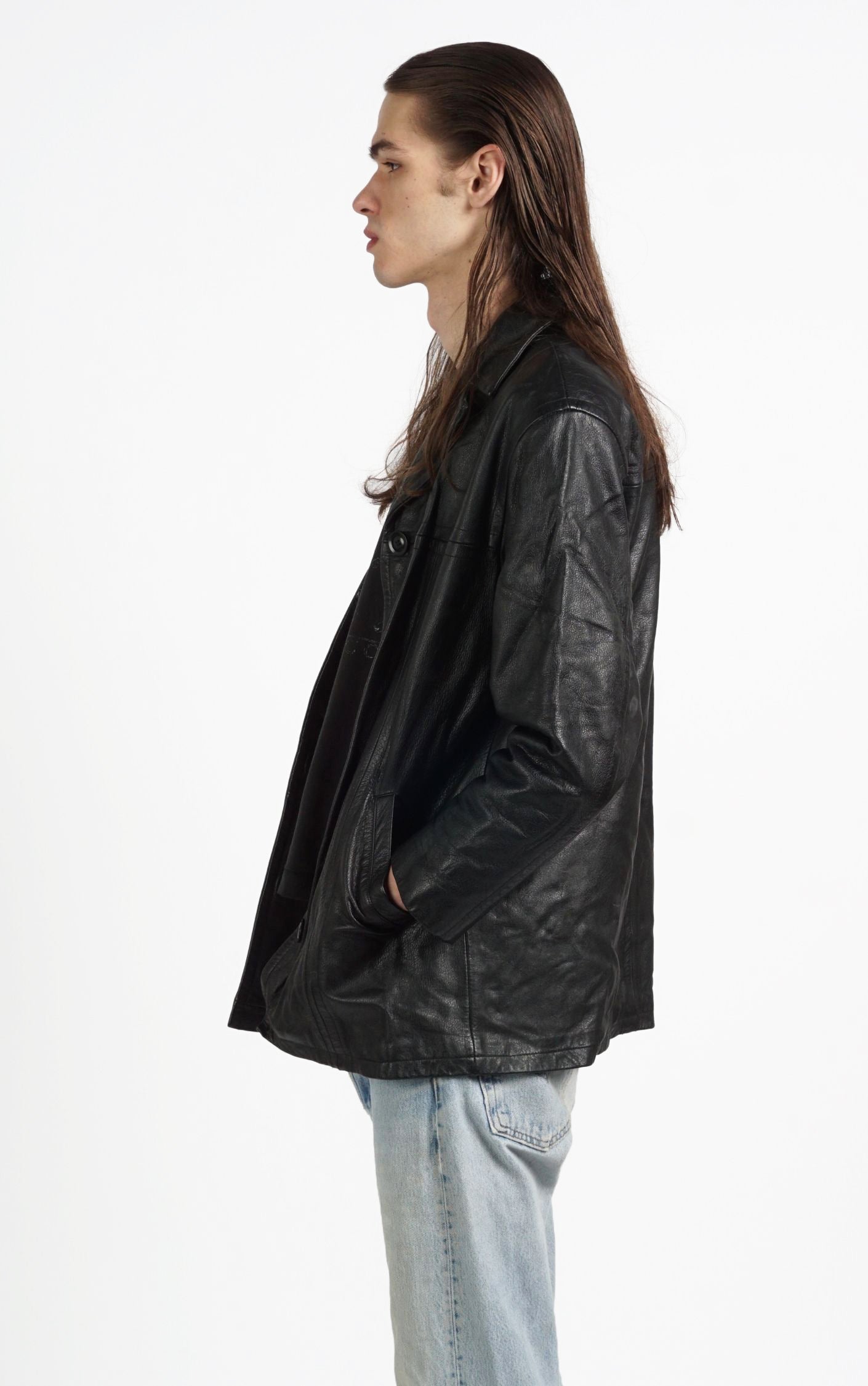 VINTAGE 90s Black Leather Button Down Tailored Jacket resellum