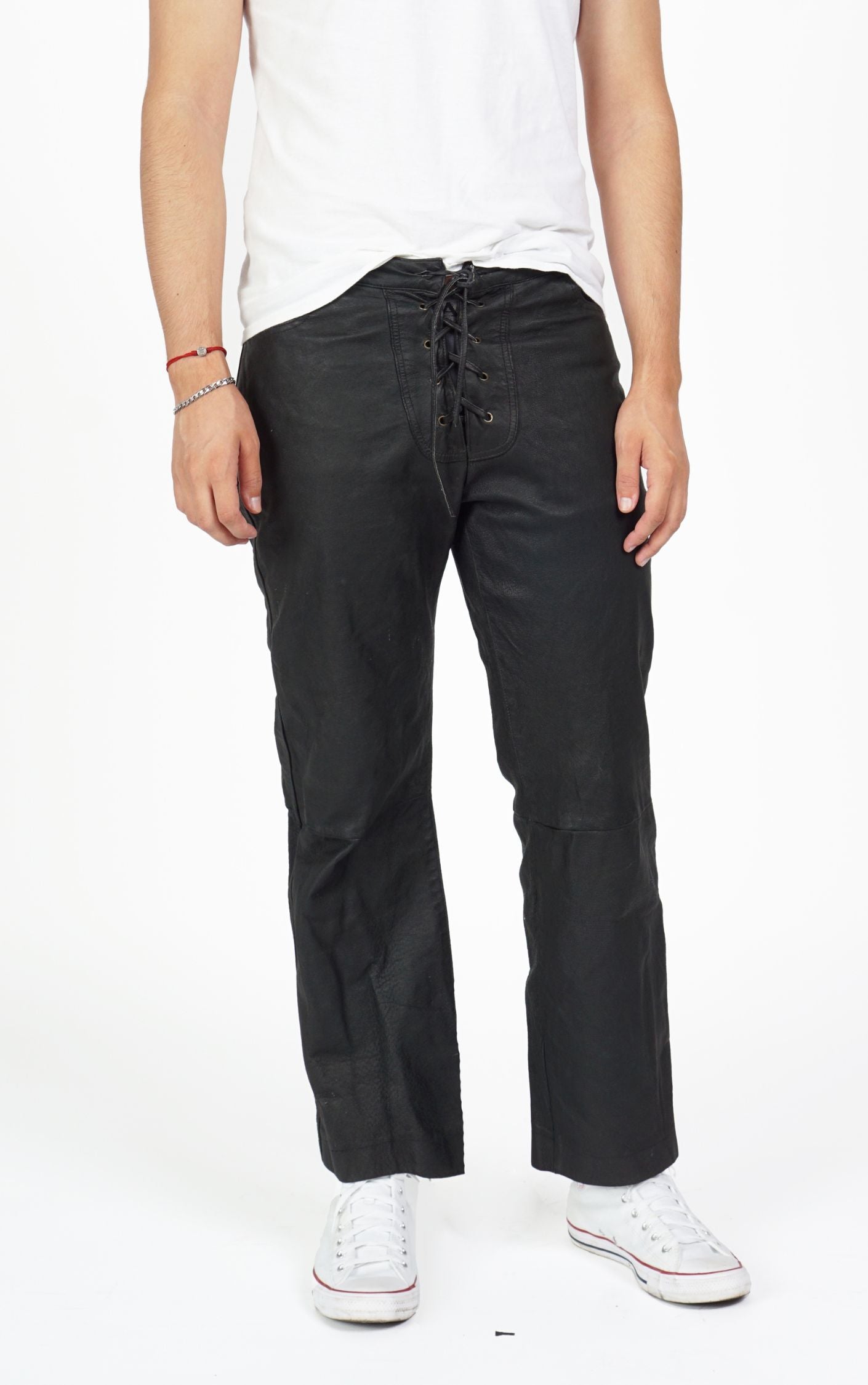 VINTAGE 90s Black Real Leather Lace Up Fly Pants resellum