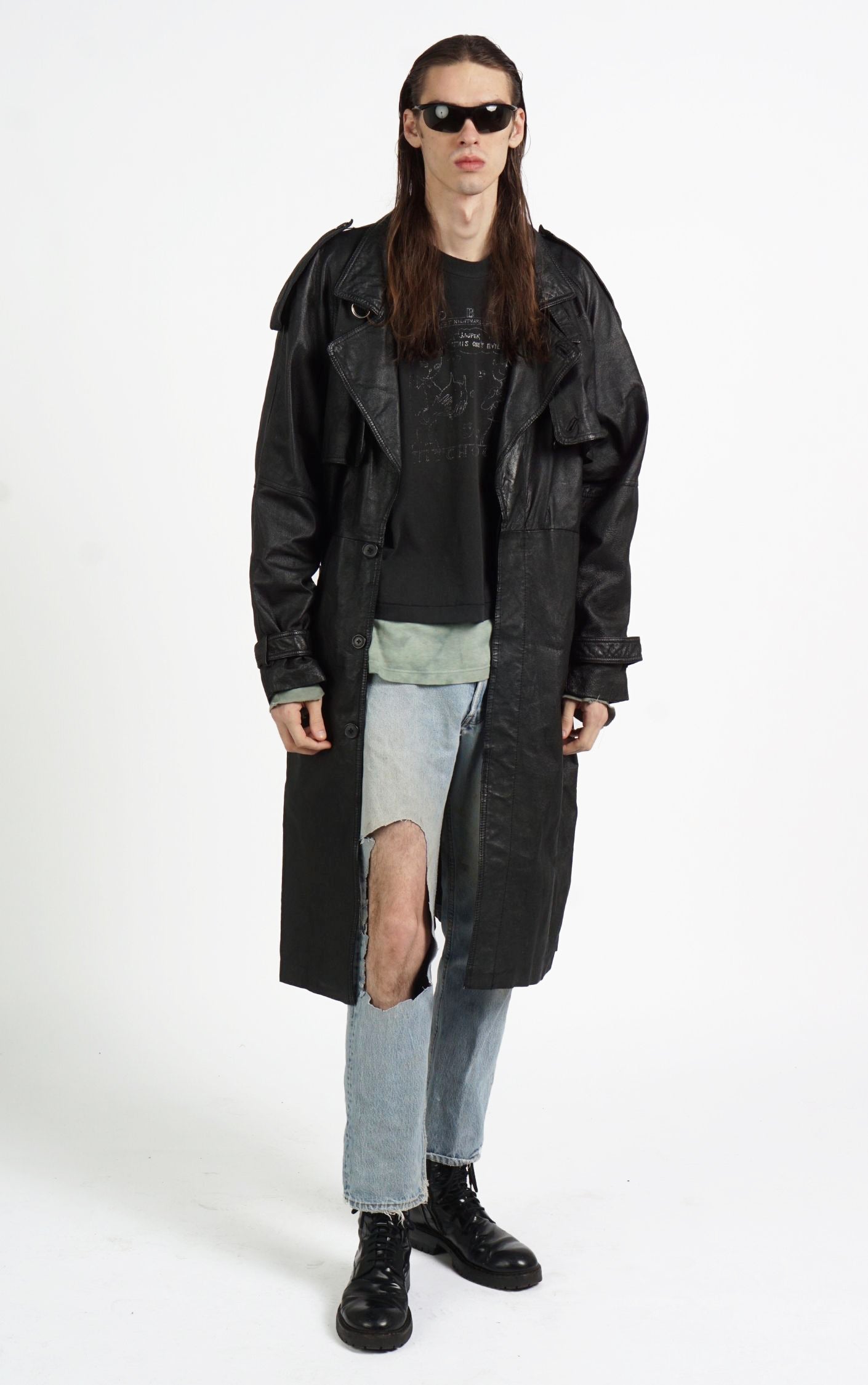 VINTAGE 90s Black Real Leather Long Buttoned Oversized Coat resellum