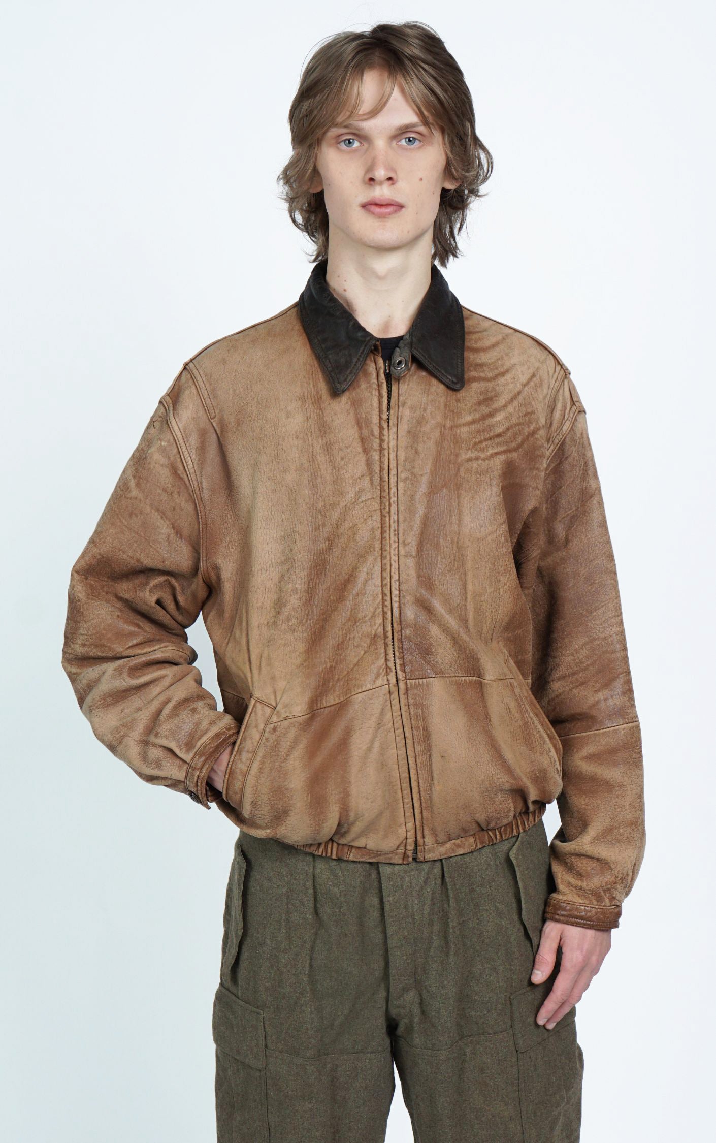 VINTAGE 90s Perry Ellis Brown Faded Leather Bomber Jacket