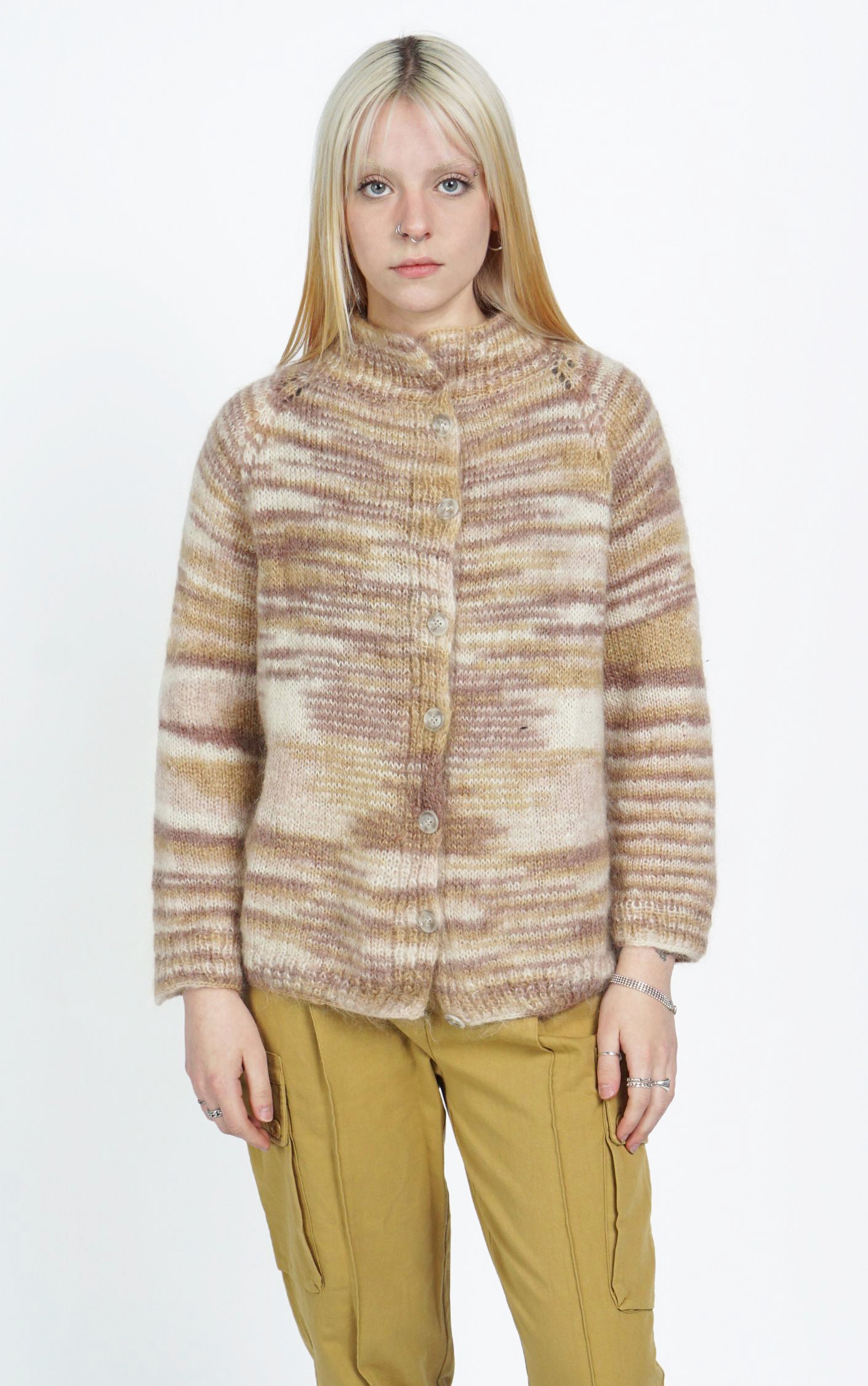 VINTAGE Angora Shaggy Striped Buttoned Cardigan resellum