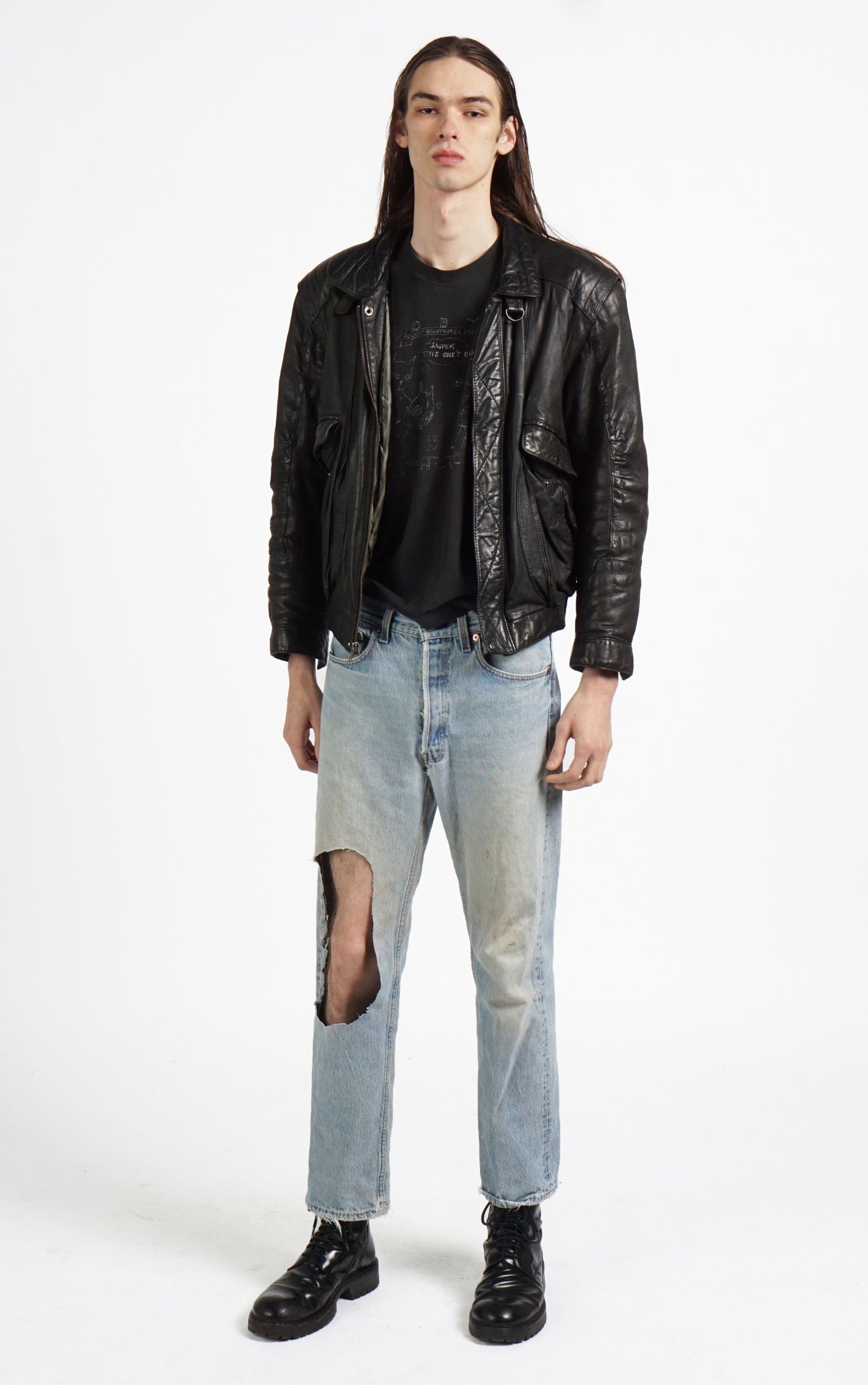 VINTAGE Black Leather Faded Aviator Style Grunge Jacket resellum