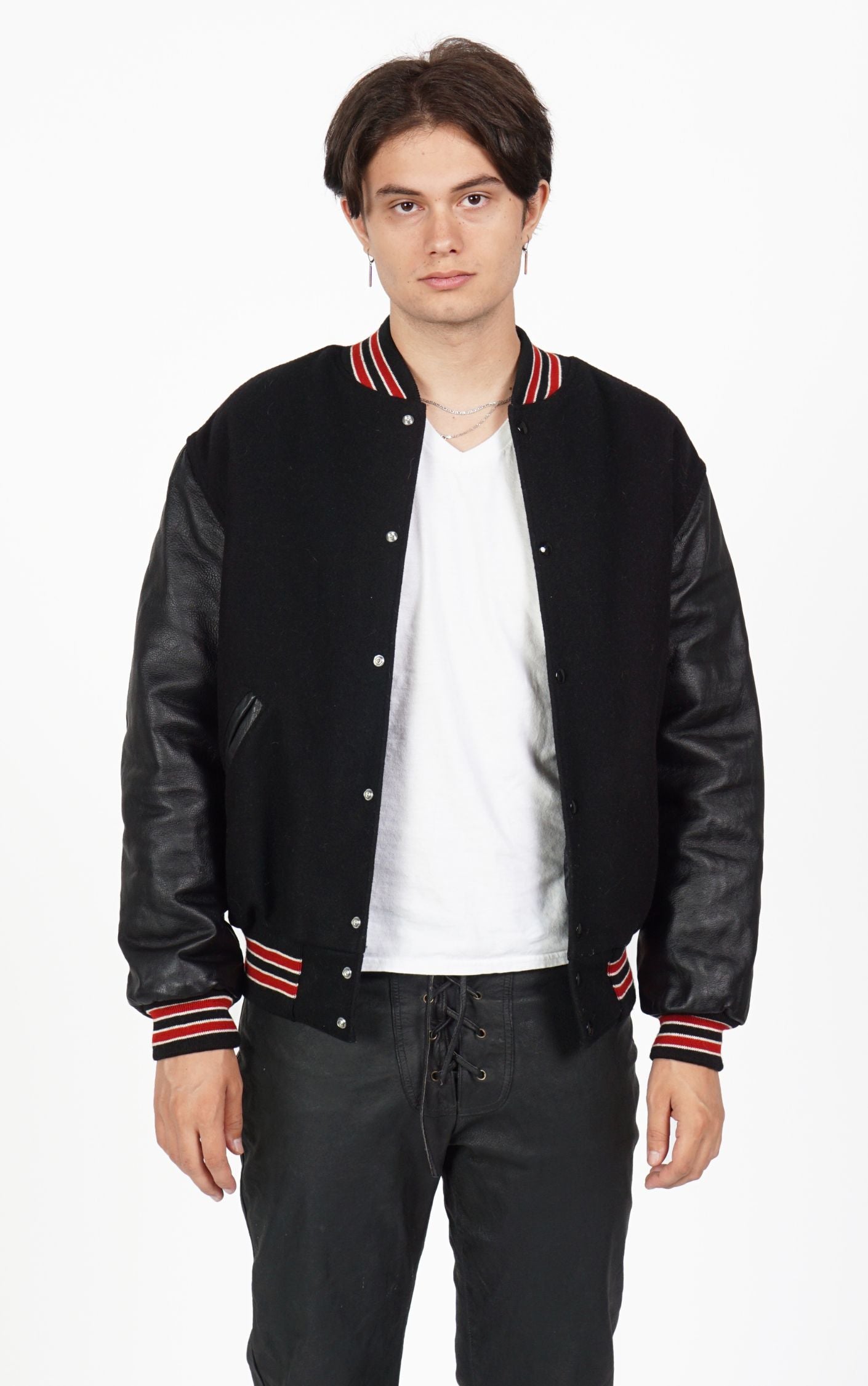 VINTAGE Black Leather Sleeves Bomber Varsity Jacket resellum