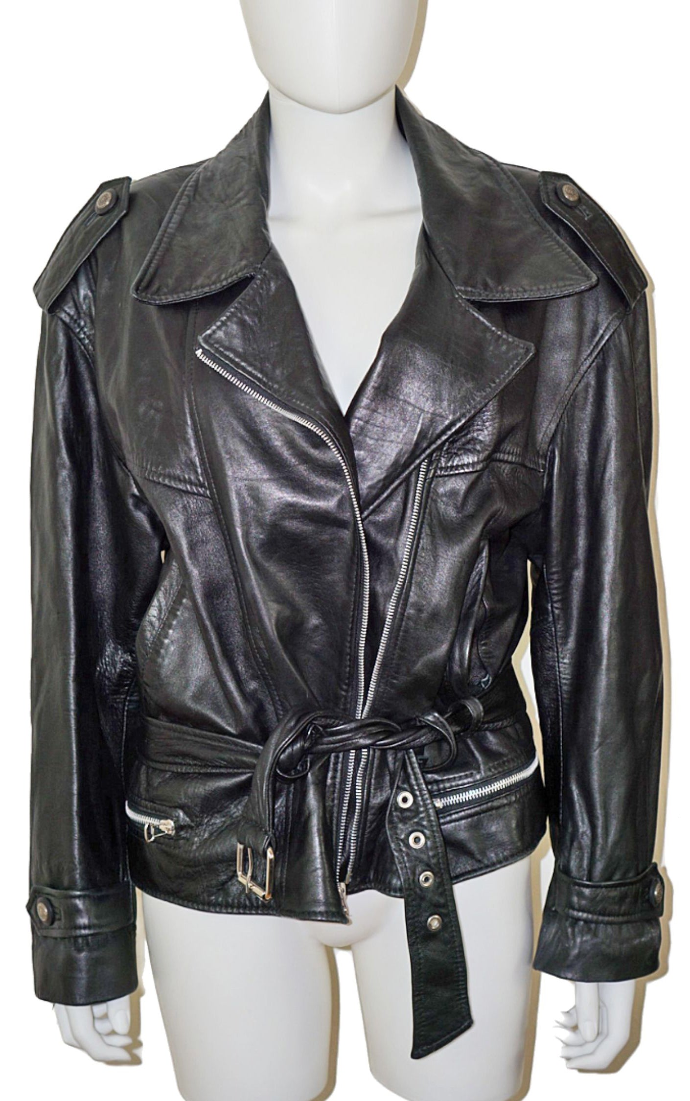 VINTAGE Black Real Leather Belted Biker Jacket resellum