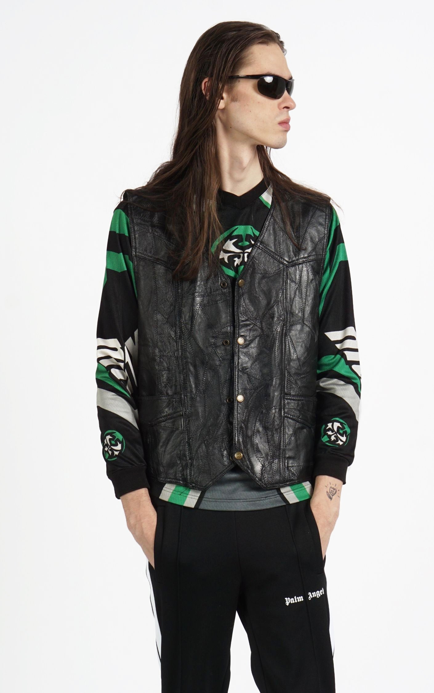 VINTAGE Black Real Leather Patchwork Grunge Goth Biker Vest resellum