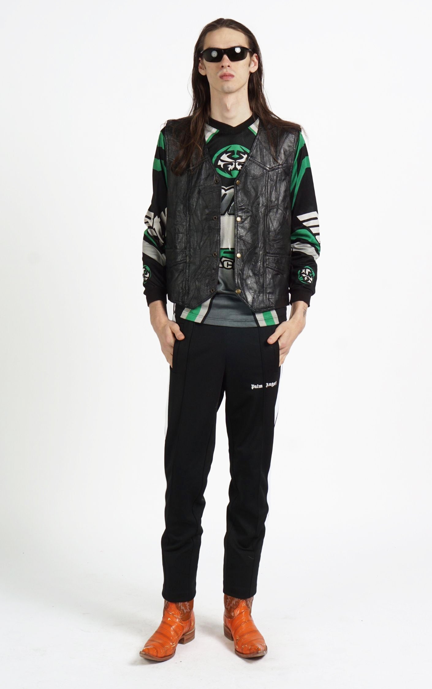 VINTAGE Black Real Leather Patchwork Grunge Goth Biker Vest resellum