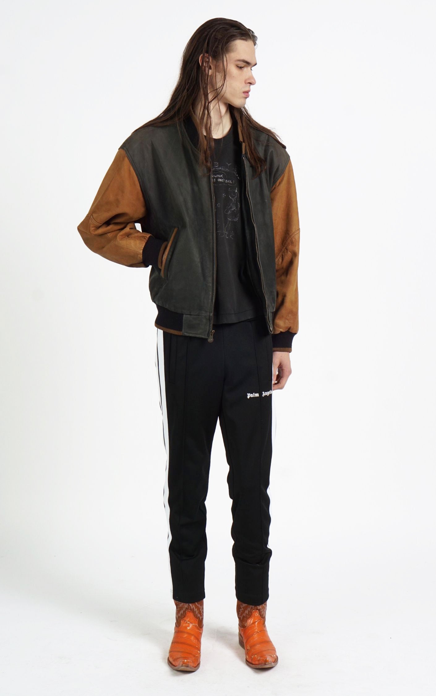 VINTAGE Brown Faded Leather Grunge Bomber Varsity Jacket resellum