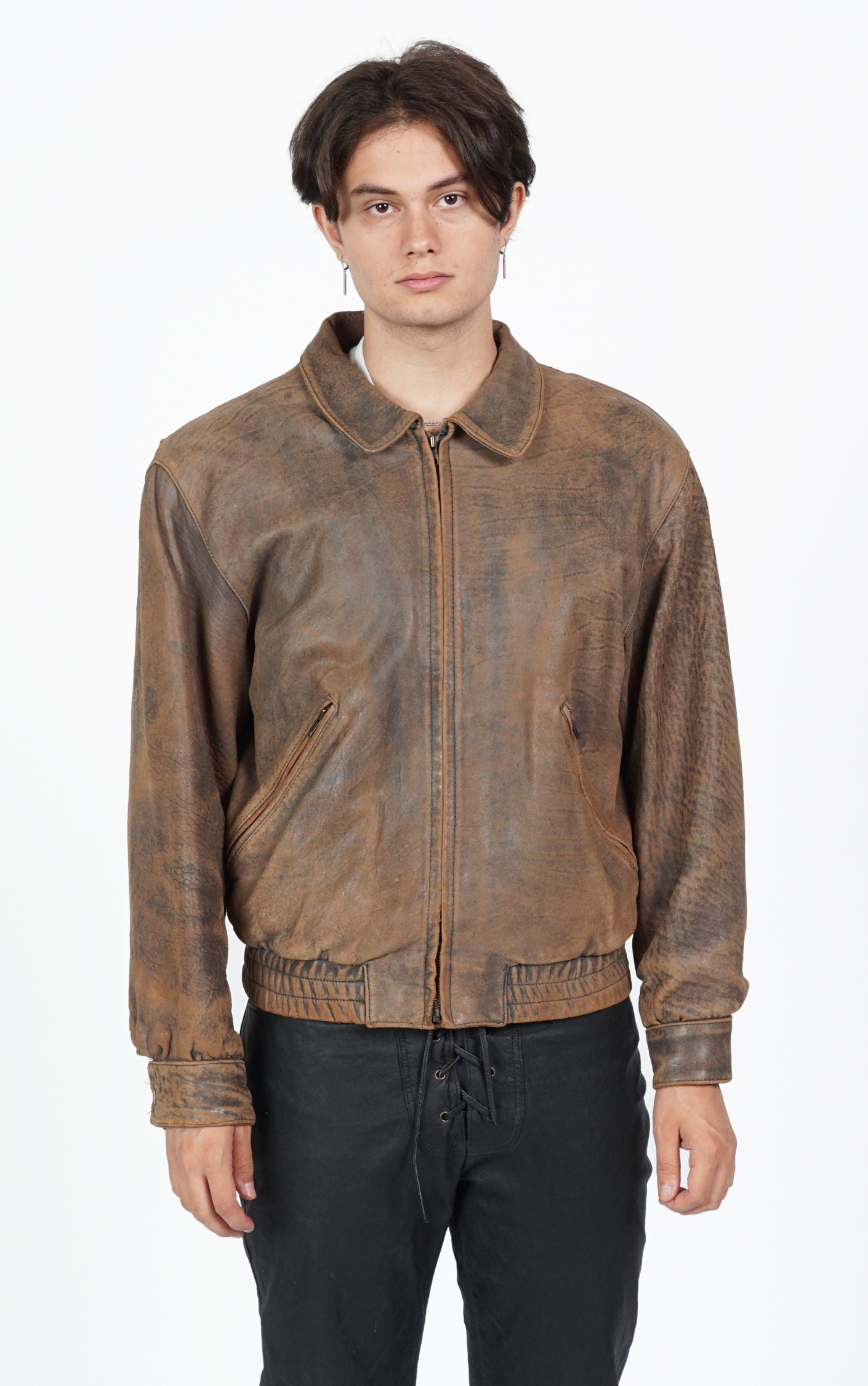 VINTAGE Brown Faded Leather Grunge Moto Jacket resellum