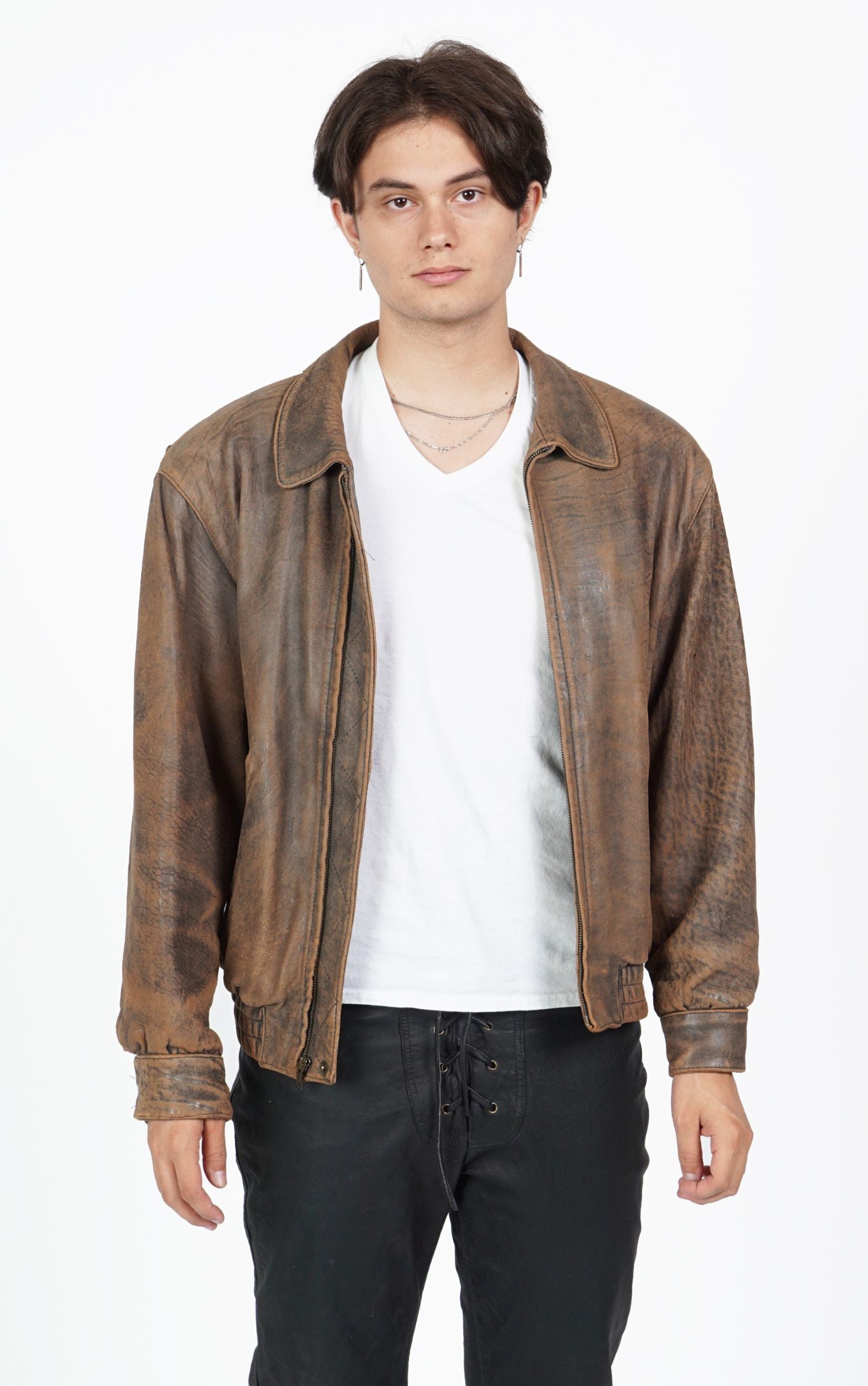VINTAGE Brown Faded Leather Grunge Moto Jacket resellum