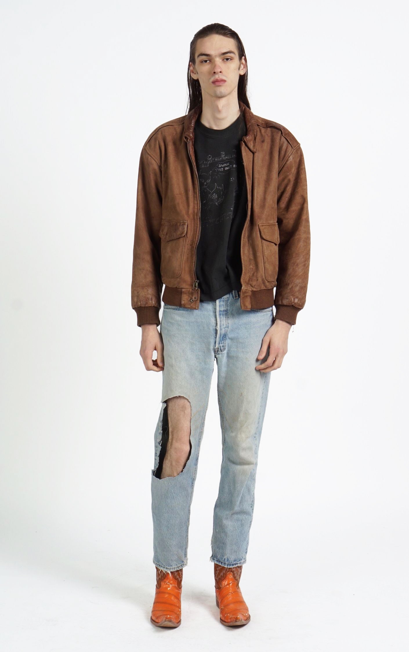 VINTAGE Brown Faded Leather Pockets Aviator Style Bomber Jacket resellum