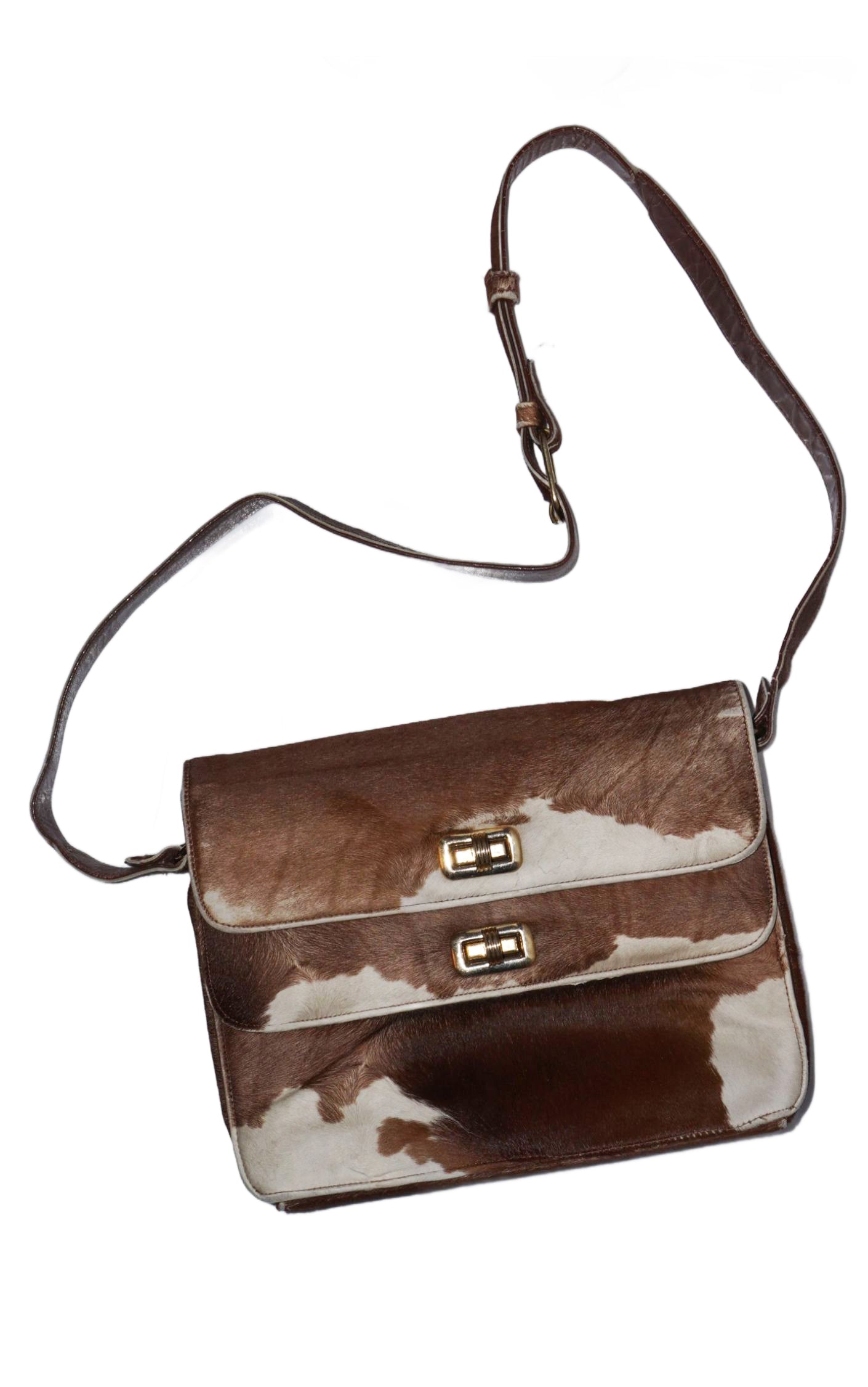 VINTAGE Cowhide Fur Leather Shoulder Purse Bag resellum