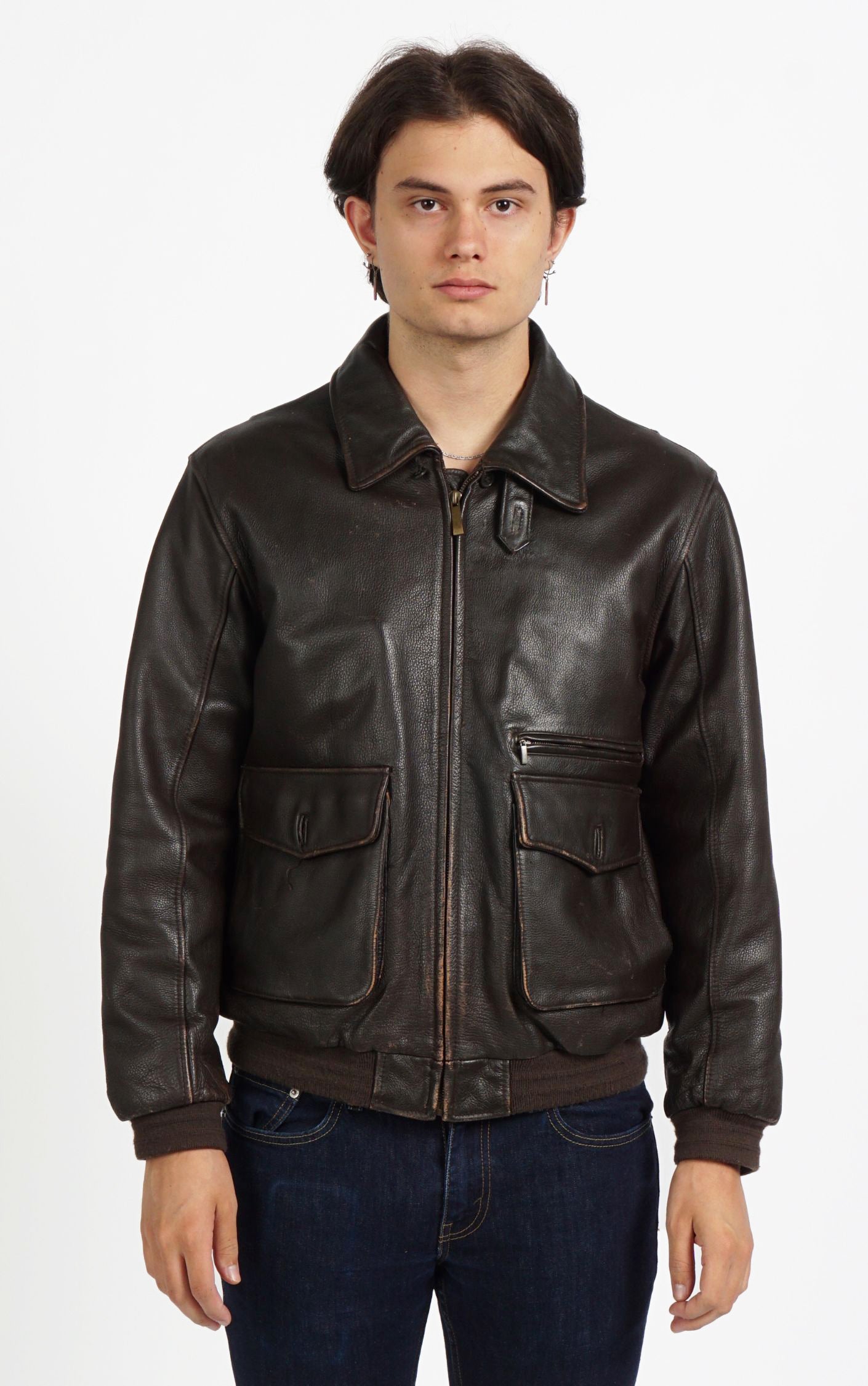 VINTAGE Dark Brown Faded Leather Pockets Aviator Style Jacket resellum