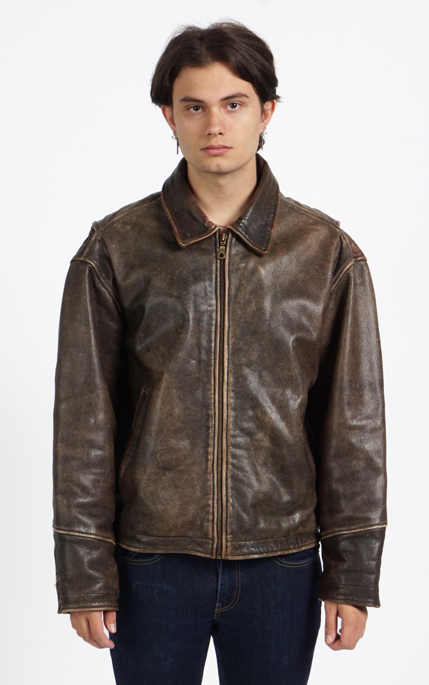 VINTAGE Faded Leather Brown Grunge Moto Oversized Jacket resellum