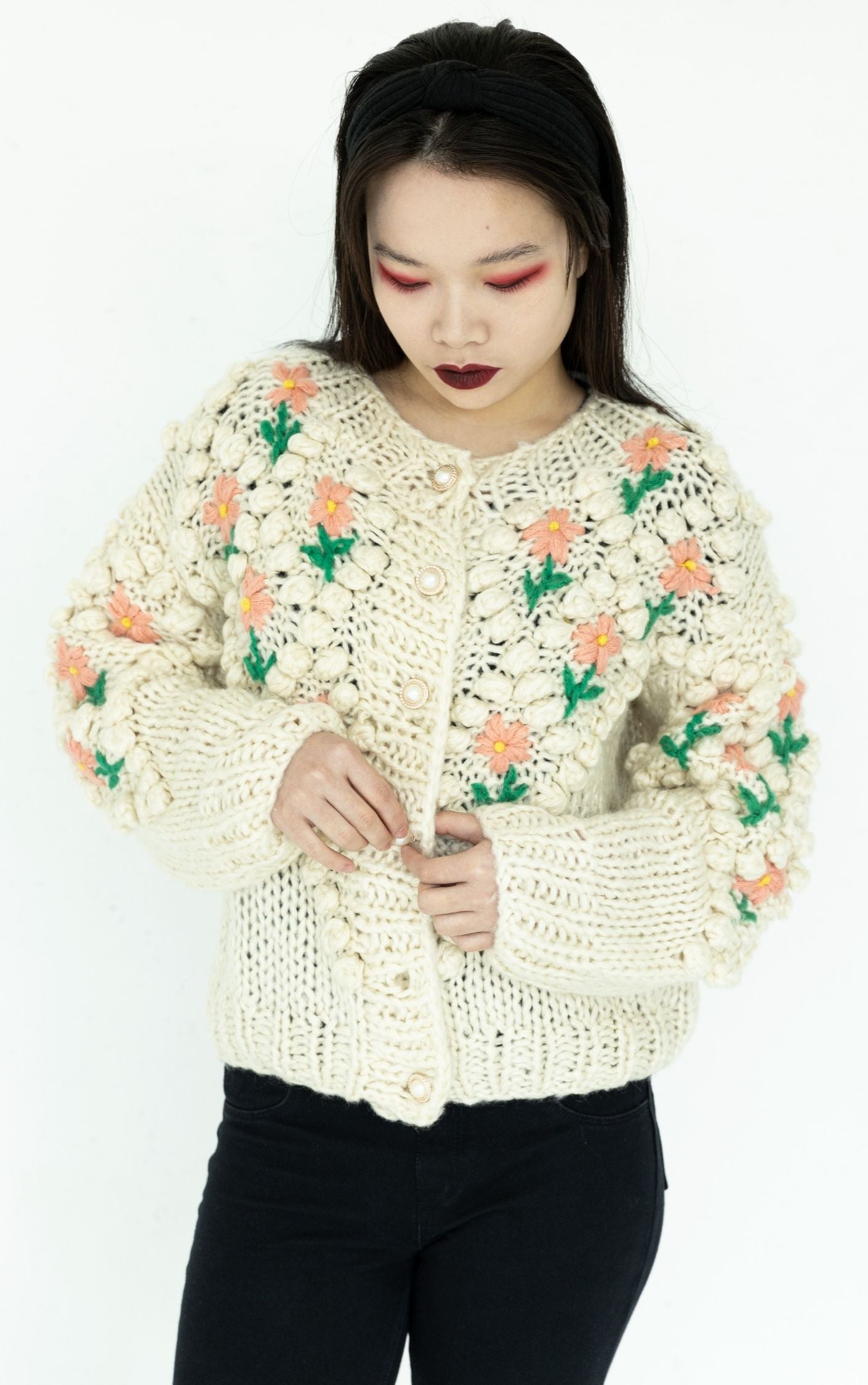 VINTAGE Hand Knit Floral Chunky Puff Sleeve Cardigan RESELLUM