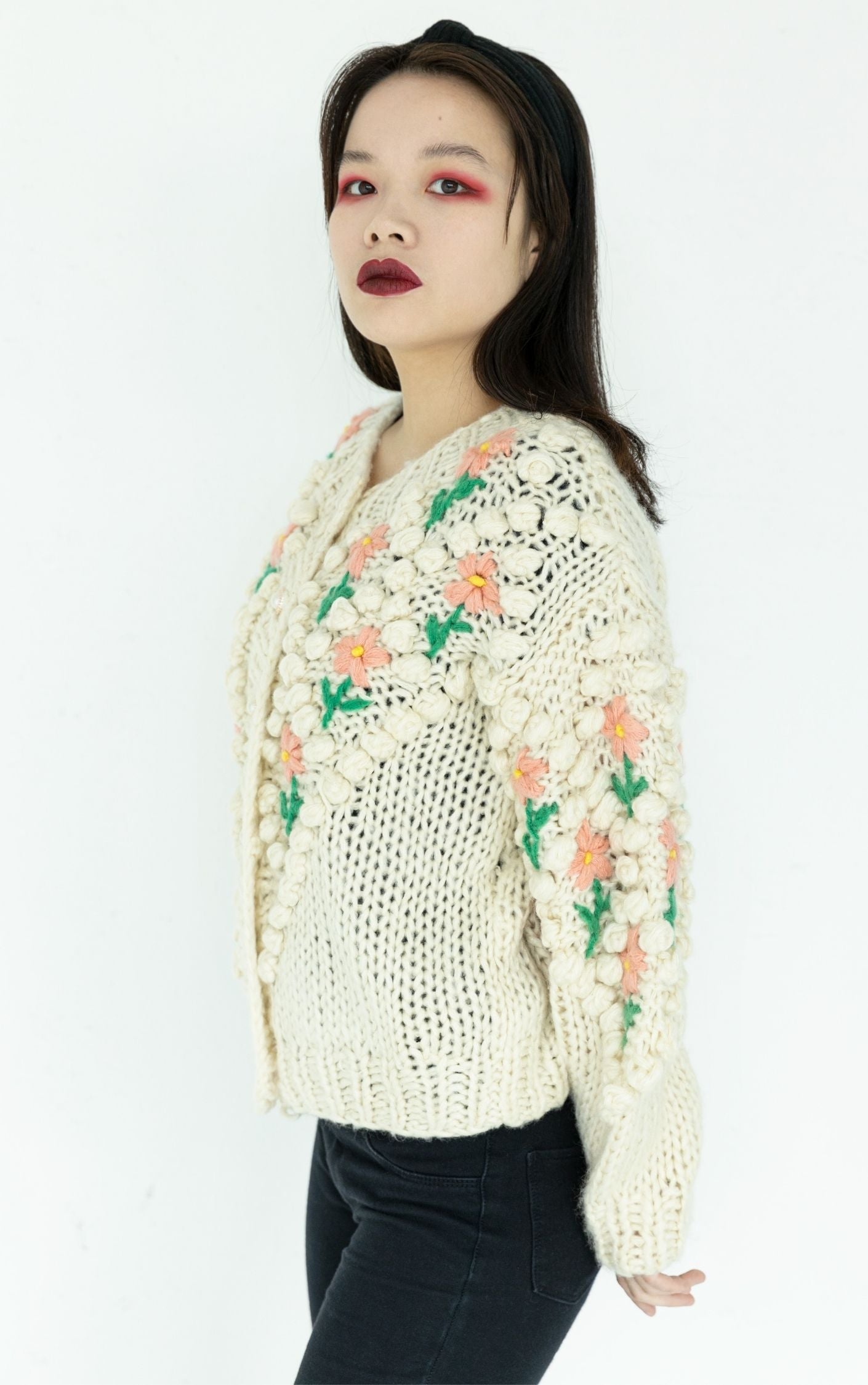 VINTAGE Hand Knit Floral Chunky Puff Sleeve Cardigan RESELLUM