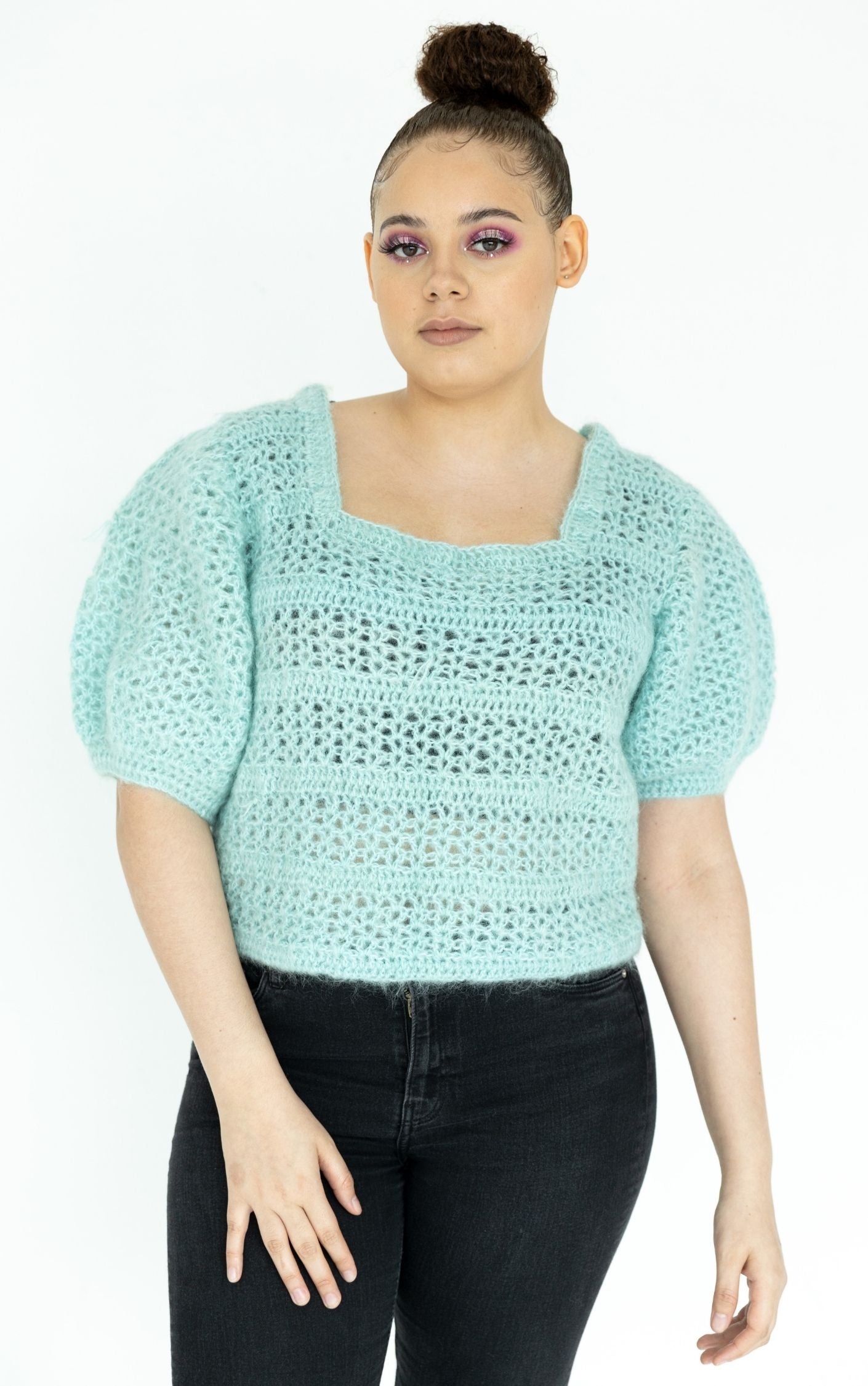VINTAGE Knitted Crochet Puff Sleeve Blue Top