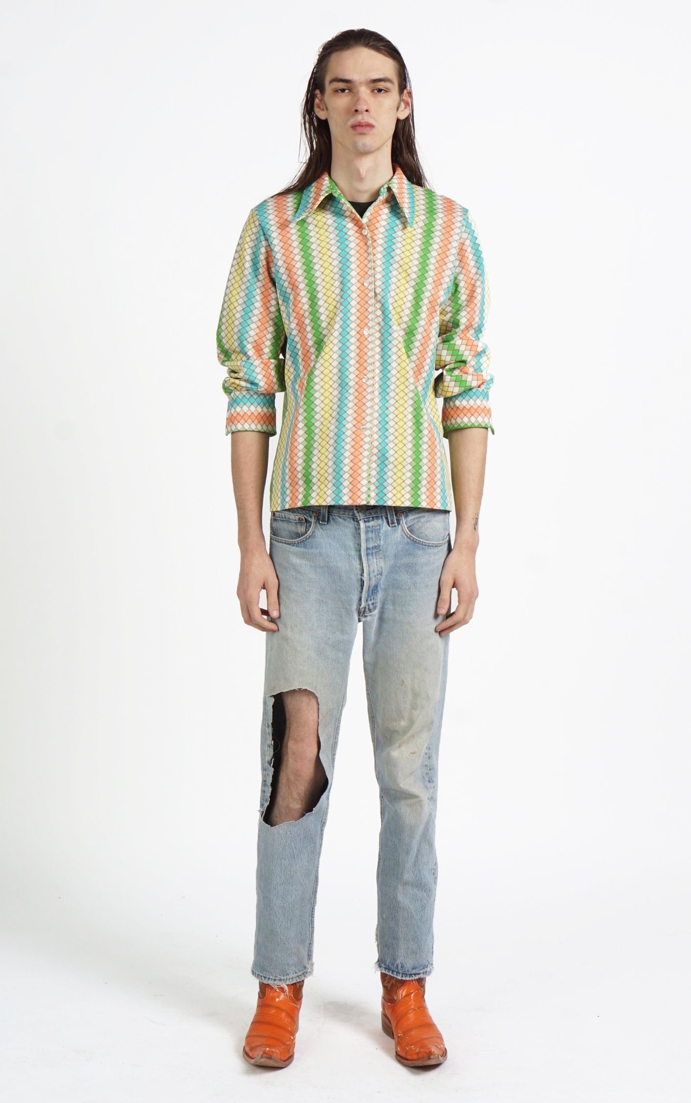 VINTAGE Multicolor Rhombus Geometric Collared Button Down Shirt resellum