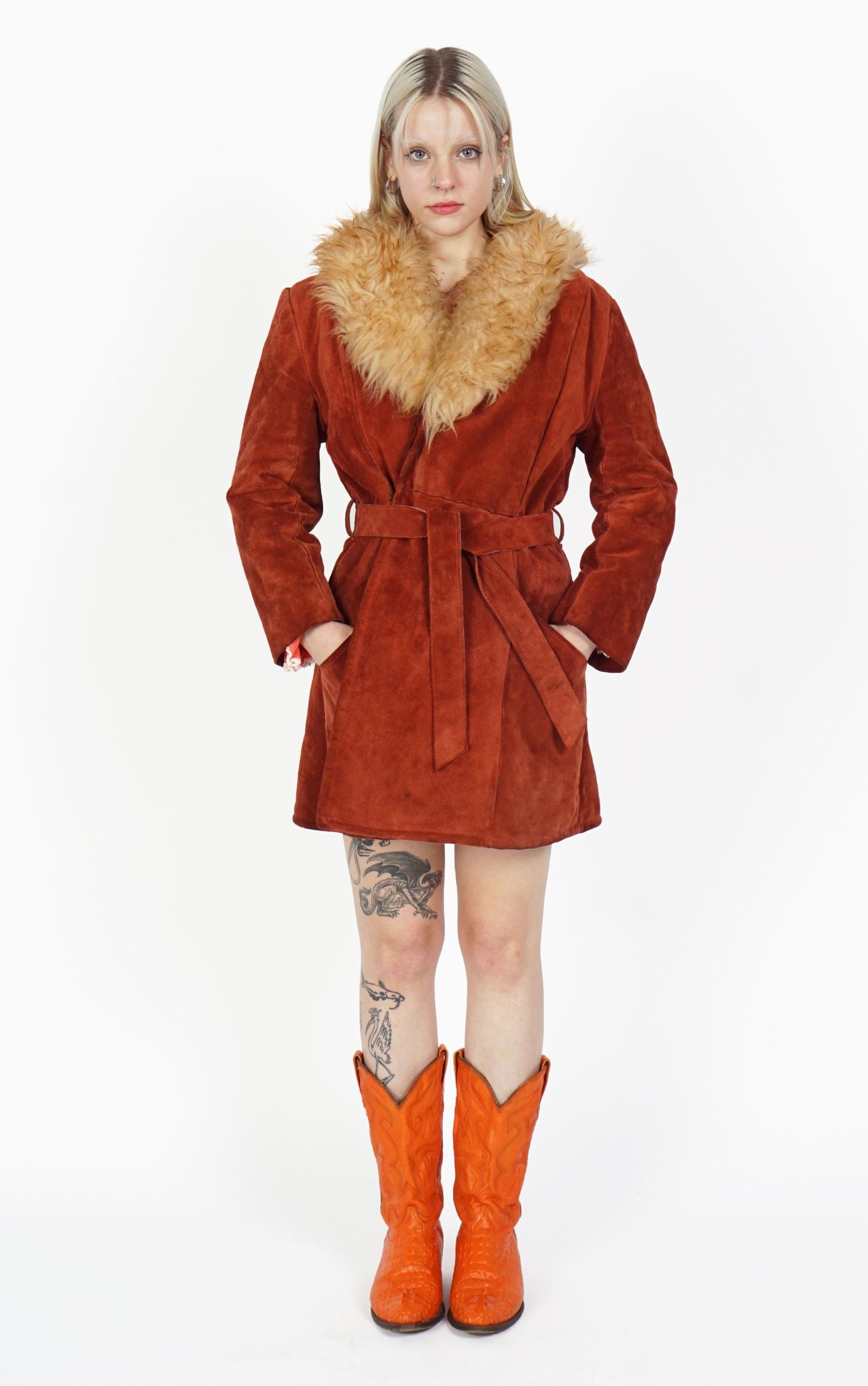 VINTAGE Orange Suede Boho Fur Collar Penny Lane Coat resellum