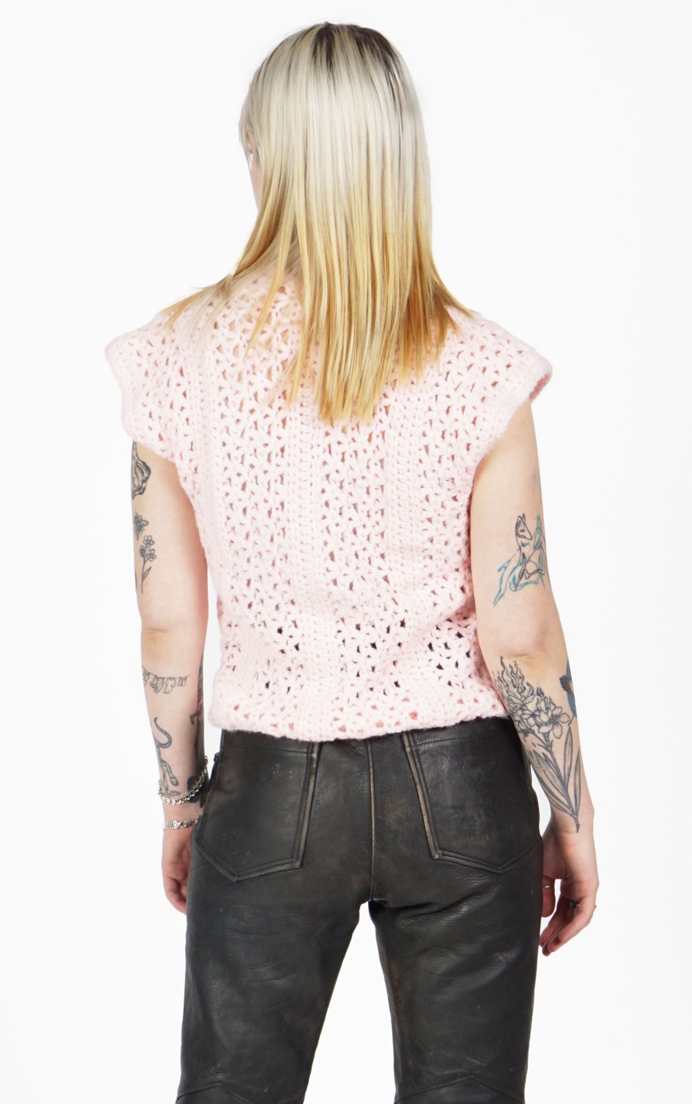 VINTAGE Pink Knitted Crochet V-Neck Vest resellum