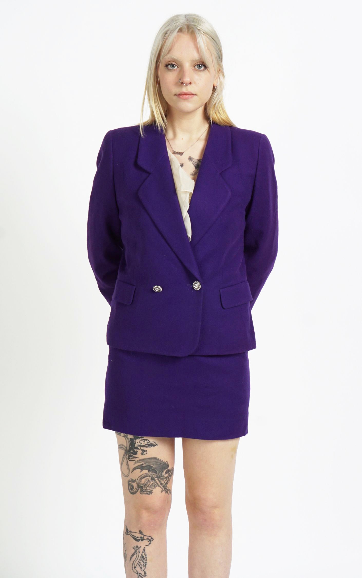 VINTAGE Purple Wool Skirt Blazer Suit Set resellum