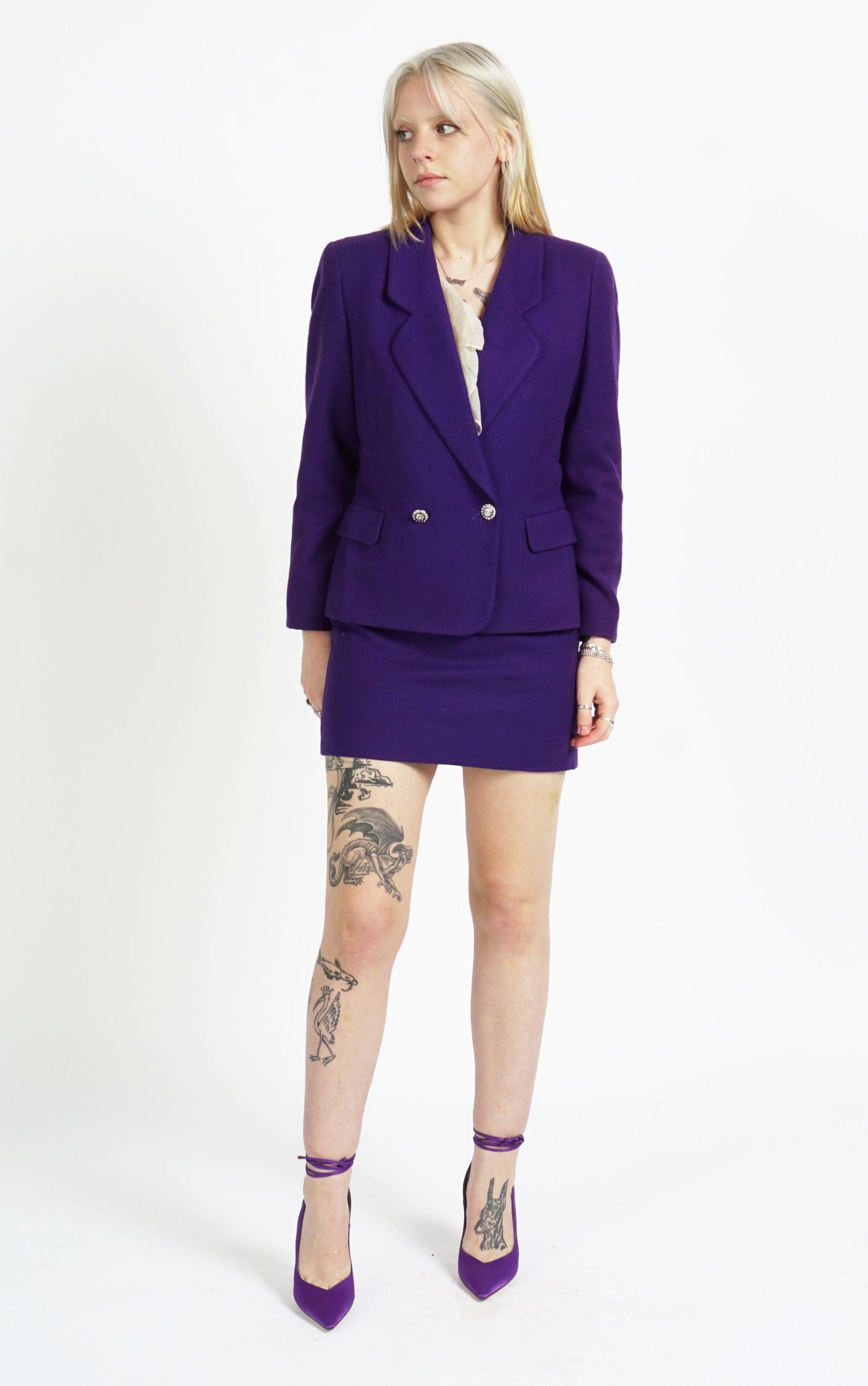 VINTAGE Purple Wool Skirt Blazer Suit Set resellum