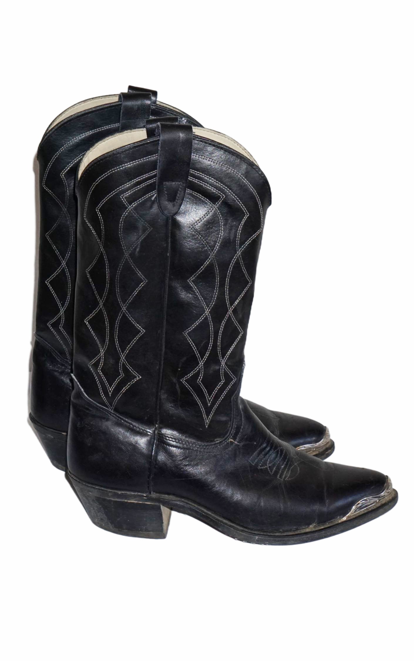 VINTAGE Texas Black Leather Metal Tips Western Cowboy Boots resellum