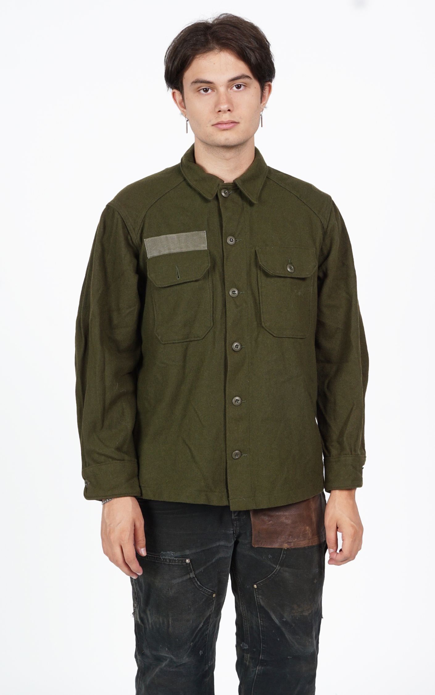 VINTAGE Thick Wool Khaki Military Button Down Shirt resellum