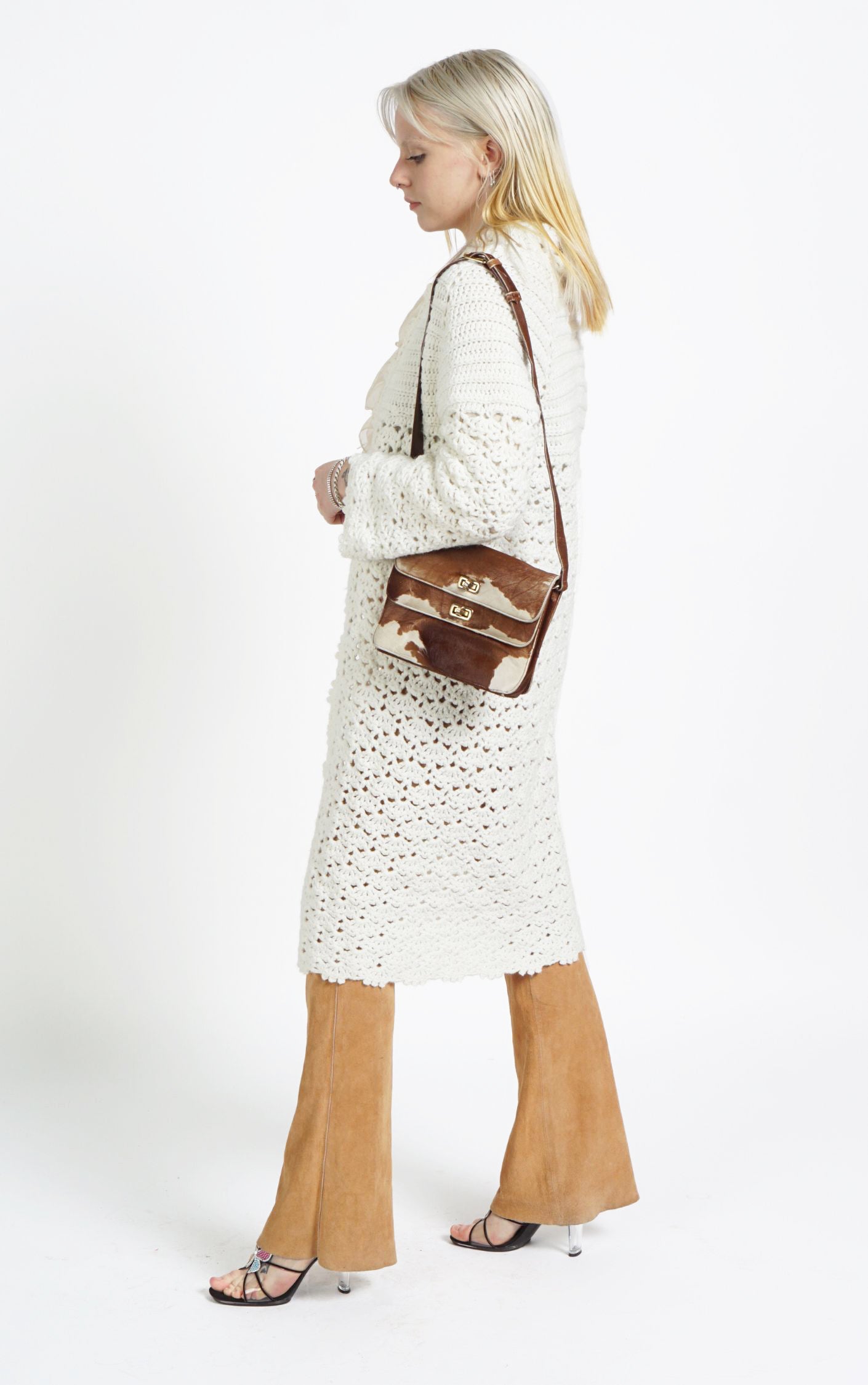 VINTAGE White Crochet Knitted Boho Long Cardigan resellum