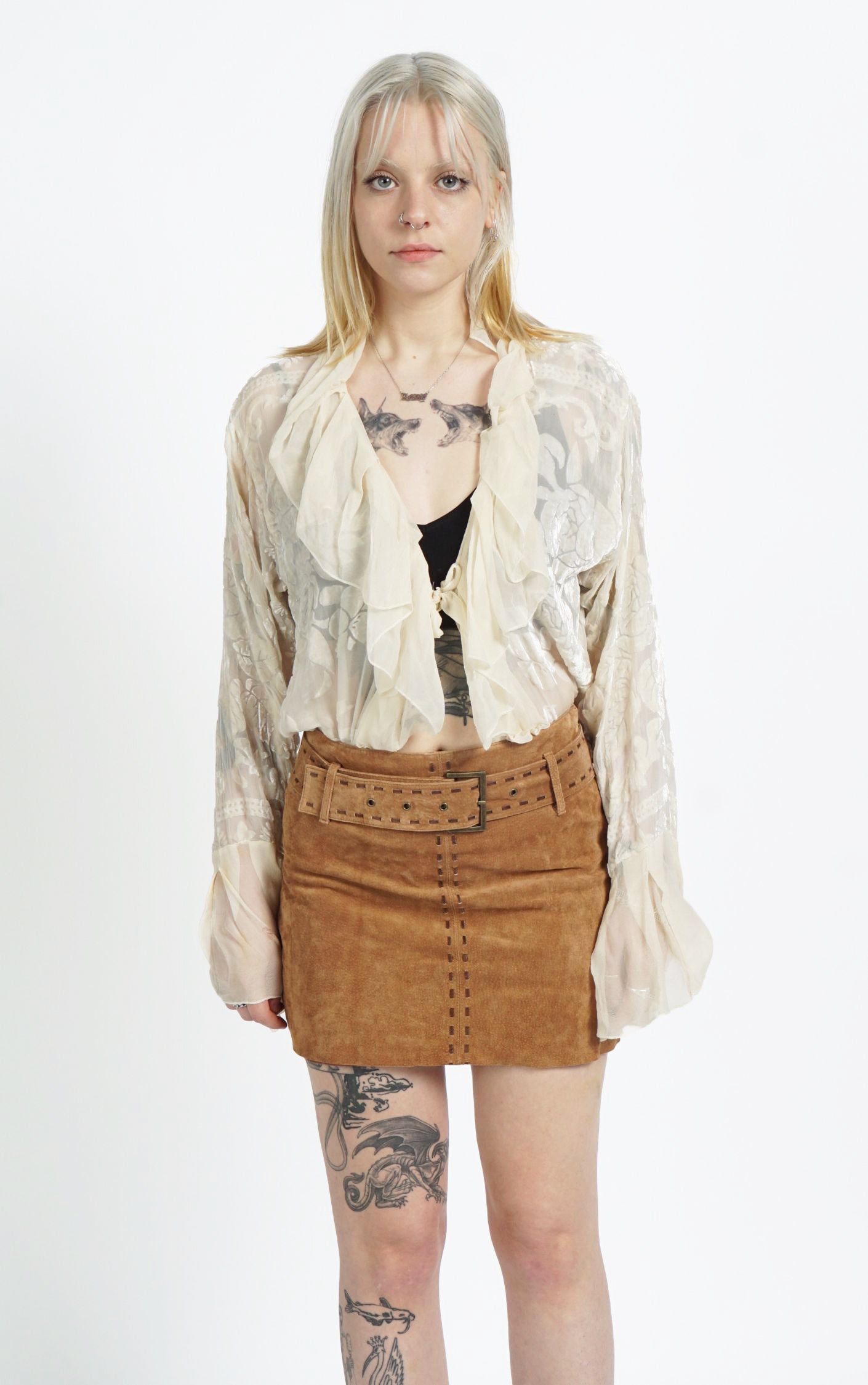 VINTAGE Y2K 2000s Camel Suede Belted Mini A-Line Skirt resellum