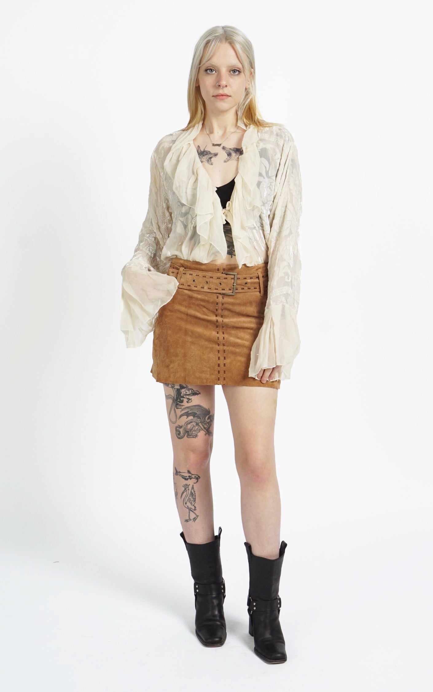 VINTAGE Y2K 2000s Camel Suede Belted Mini A-Line Skirt resellum