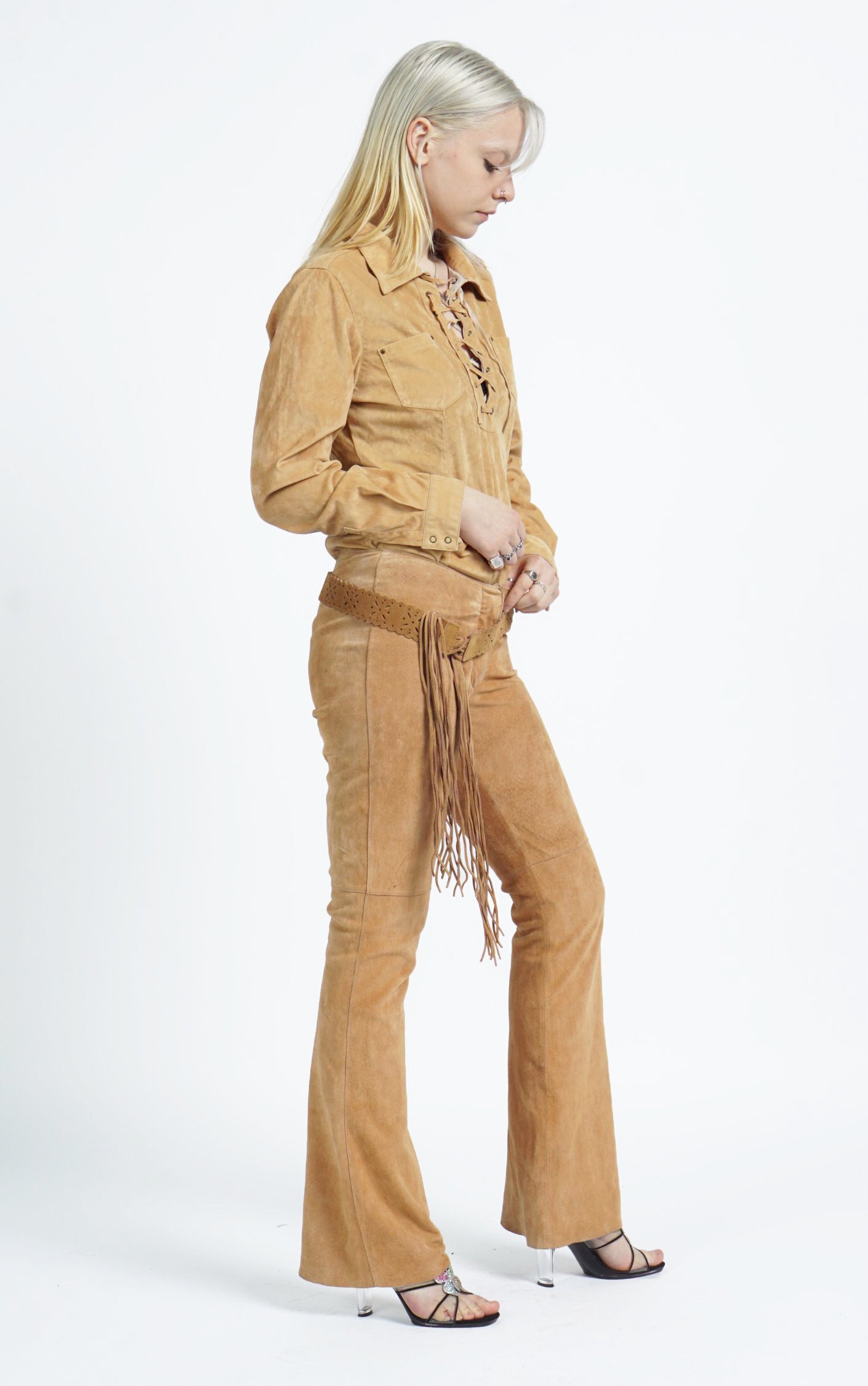 VINTAGE Y2K Brown Leather Flared Boot Cut Belted Pants resellum