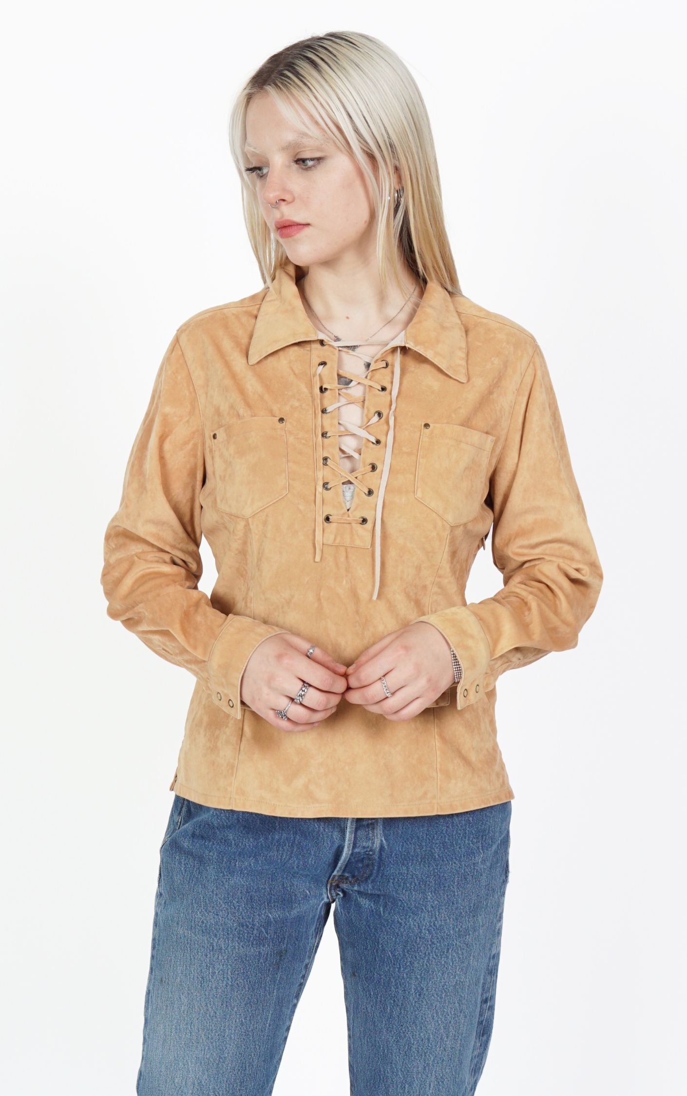 VINTAGE Y2K Lace Up V-Neck Beige Suede Top resellum