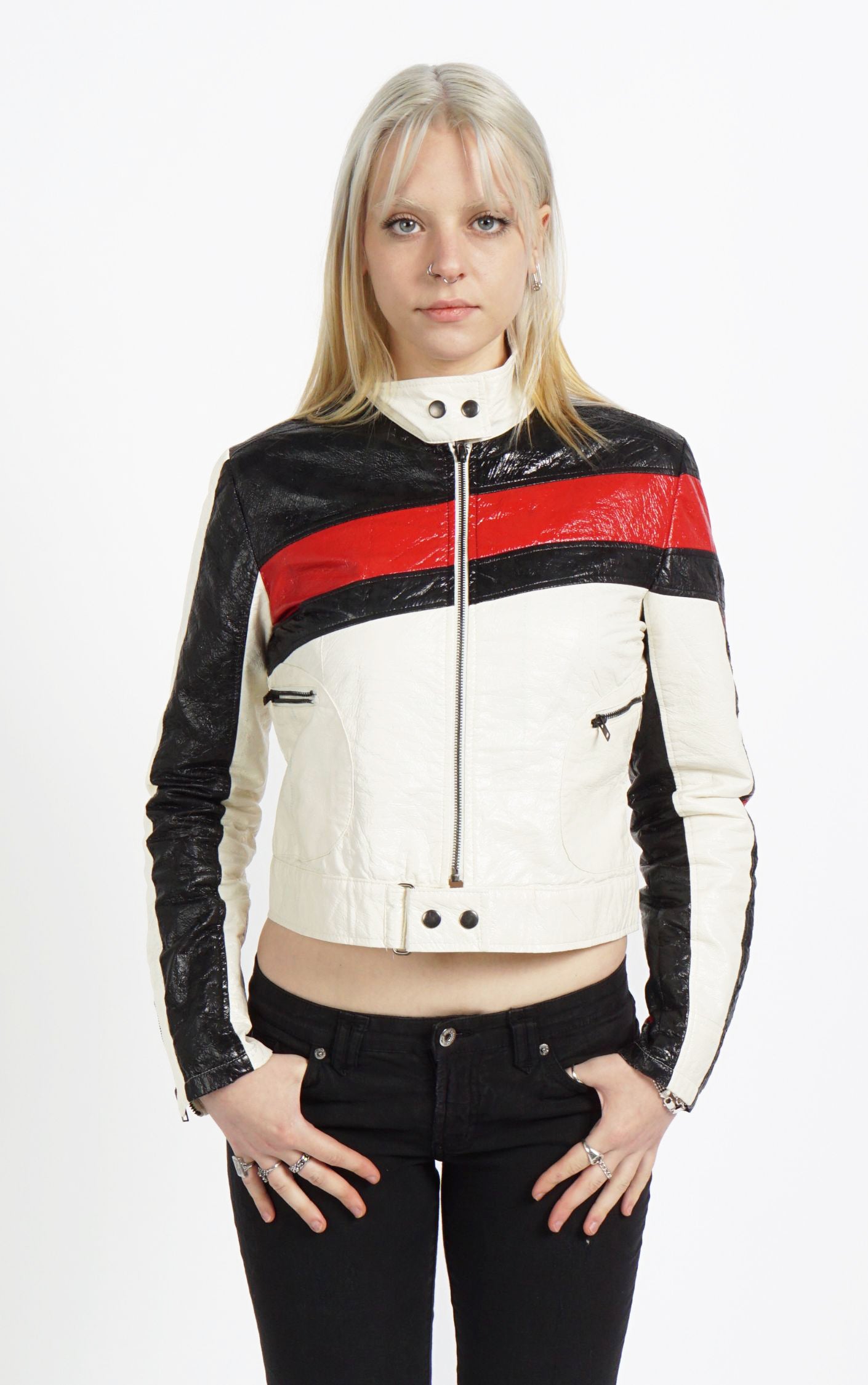 VINTAGE Y2K Moto Racing Cropped Striped Zip Up Jacket resellum