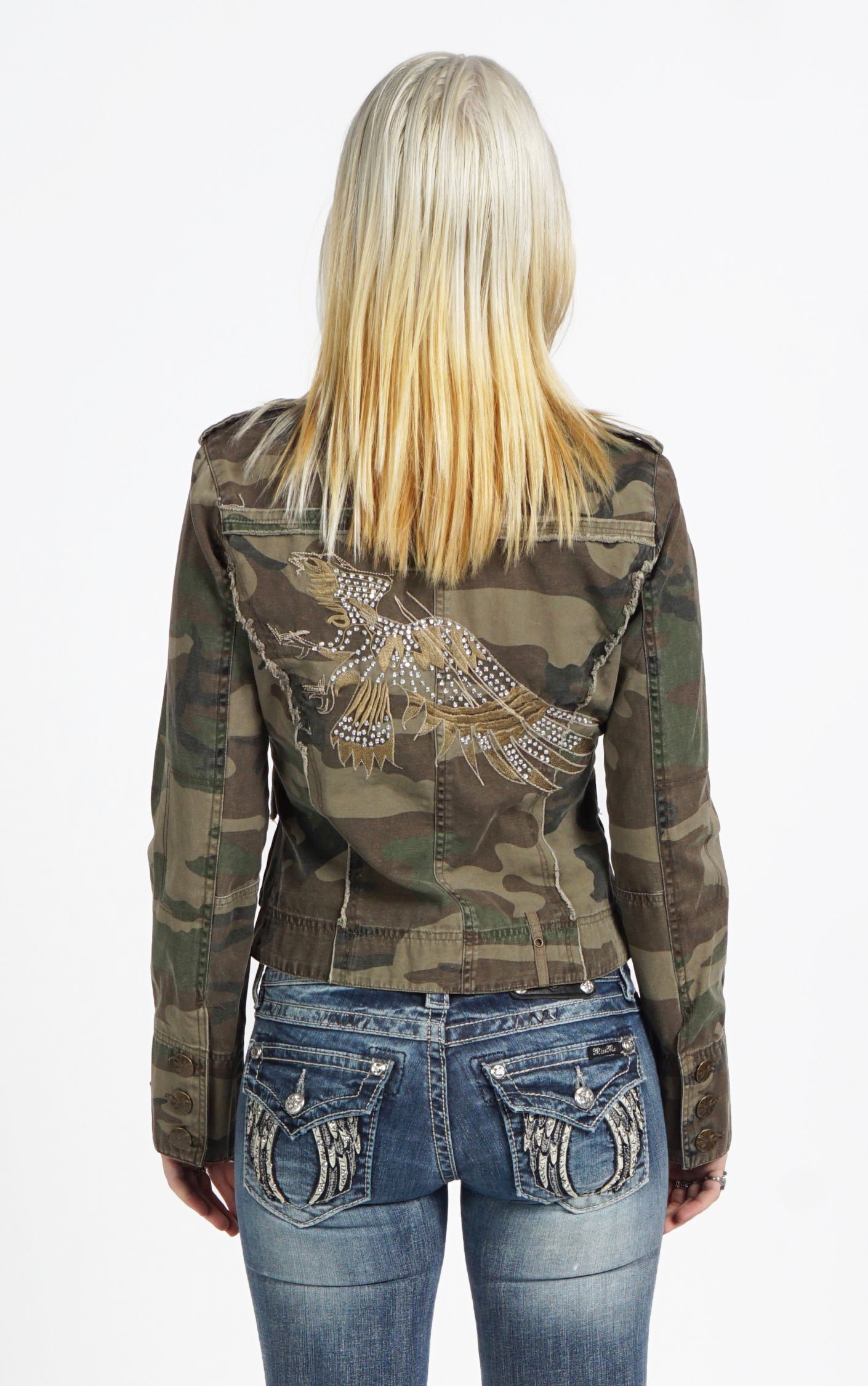 VINTAGE Y2K Rhinestones Embellished Military Khaki Jacket resellum