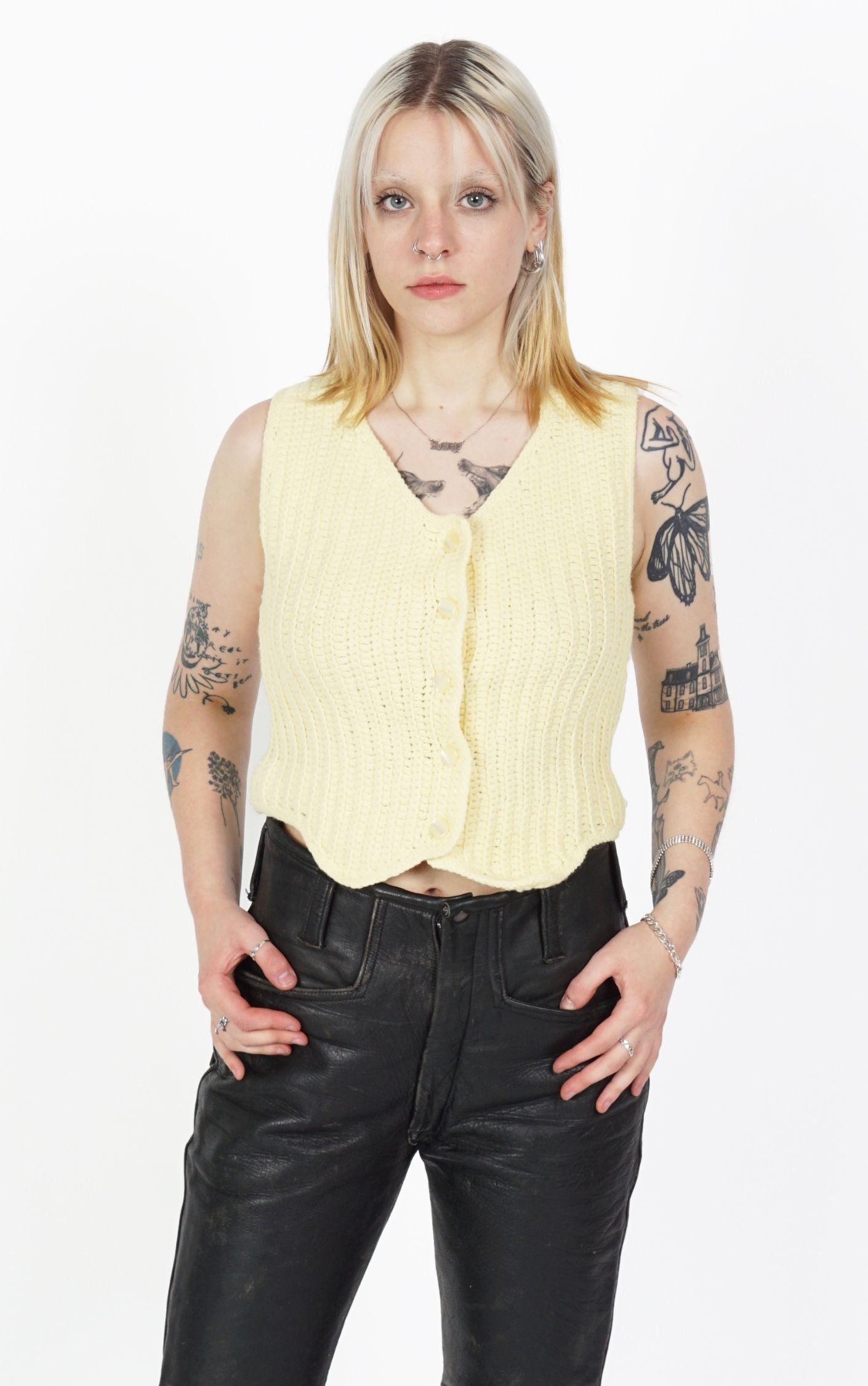 VINTAGE Yellow Knitted Crochet Buttoned Vest resellum