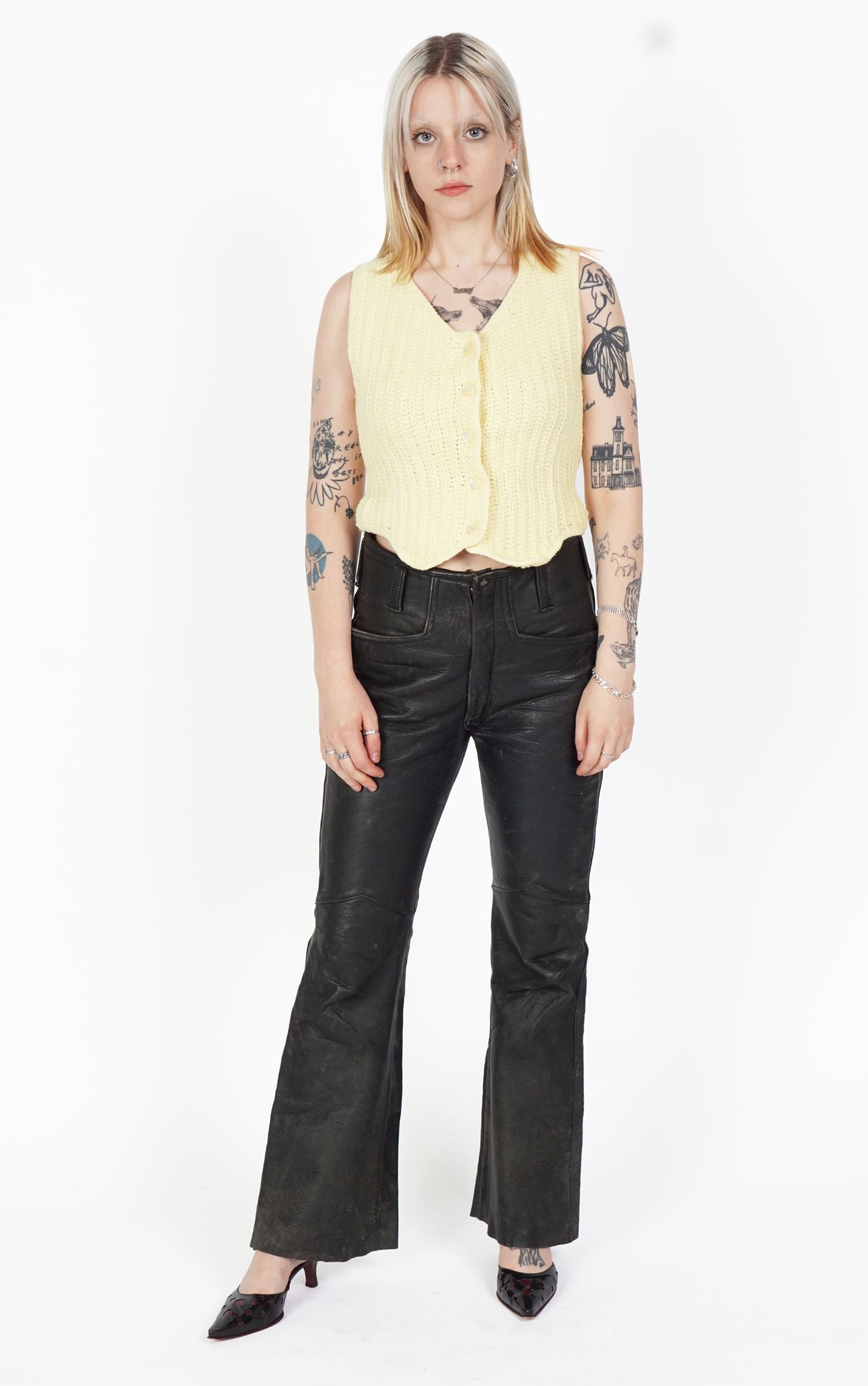 VINTAGE Yellow Knitted Crochet Buttoned Vest resellum