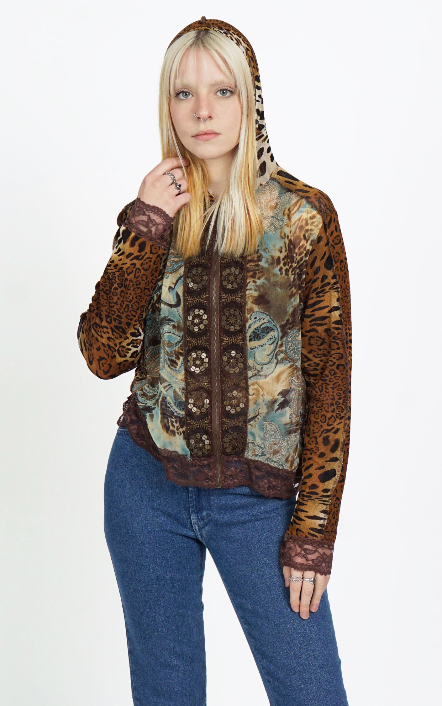 Y2K Cheetah Leopard Zip Up Hooded Sheer Top resellum