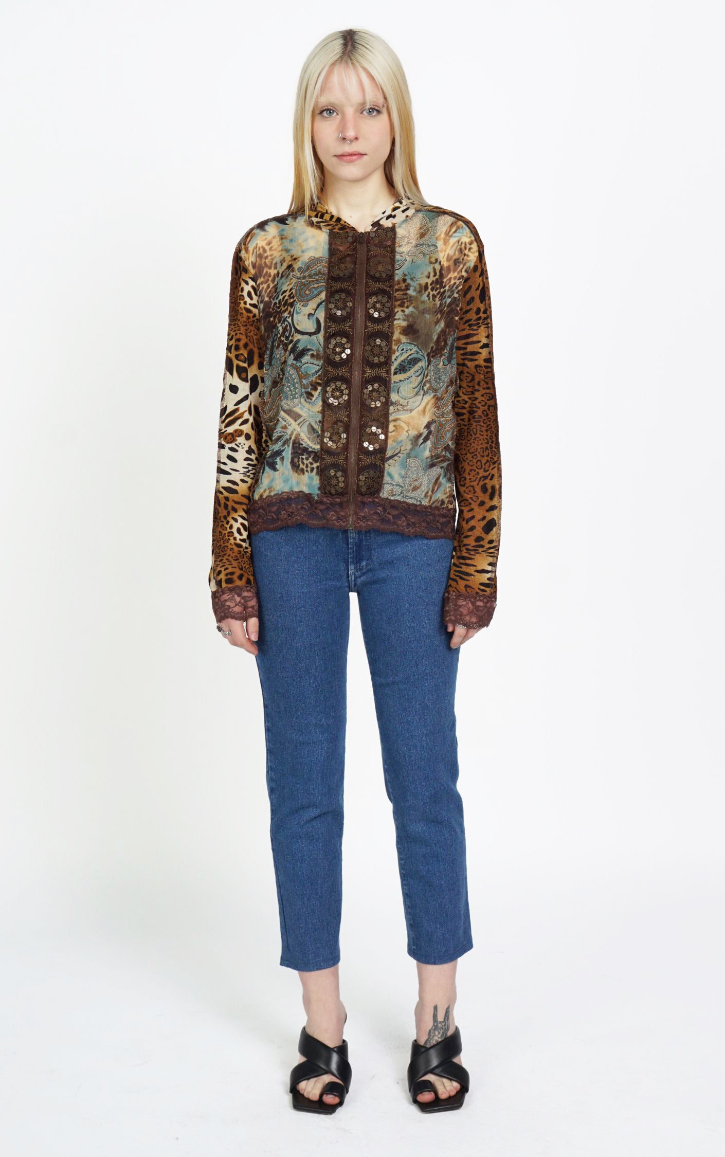 Y2K Cheetah Leopard Zip Up Hooded Sheer Top resellum