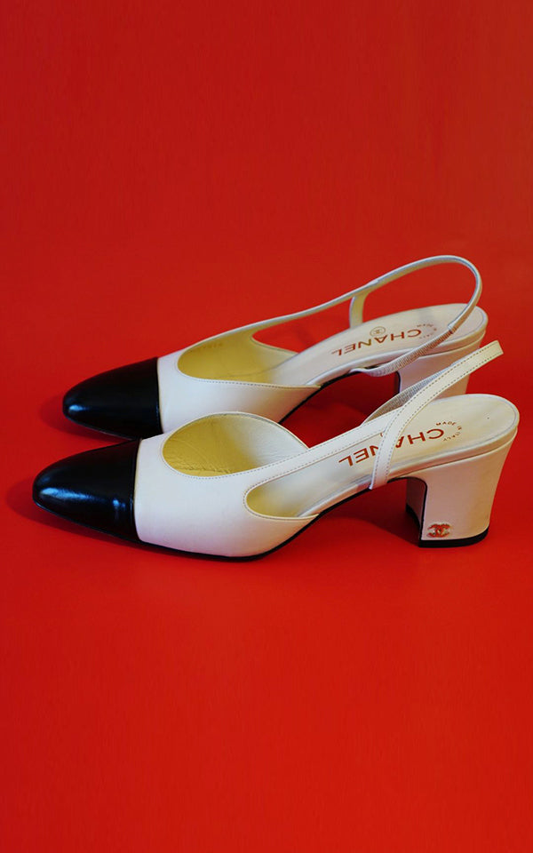 CHANEL Authentic White & Black Slingback Classic Pumps