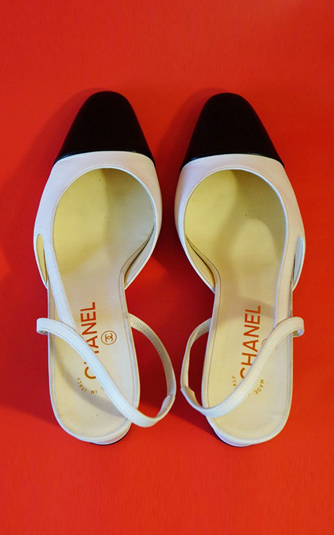 CHANEL Authentic White & Black Slingback Classic Pumps