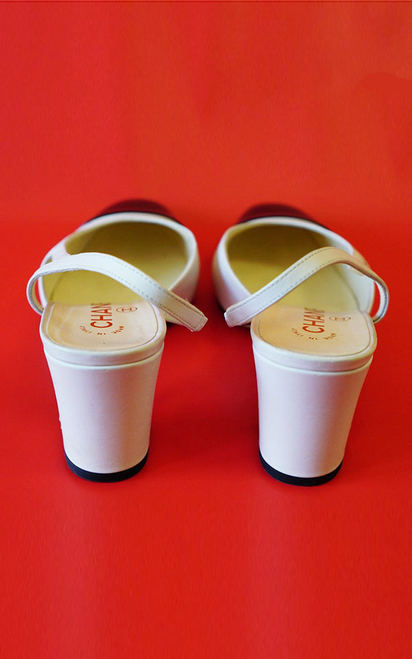 CHANEL Authentic White & Black Slingback Classic Pumps