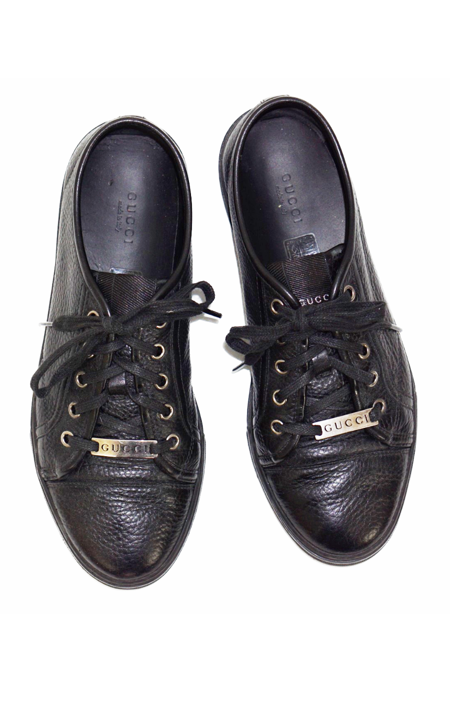 GUCCI Logo Black Leather Low Top Lace Up Sneakers resellum