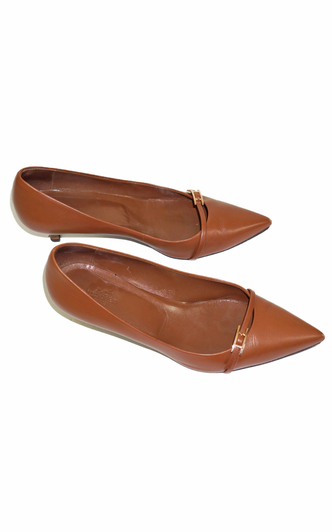 HERMES Brown Leather Pointed Kitten Heel Pumps