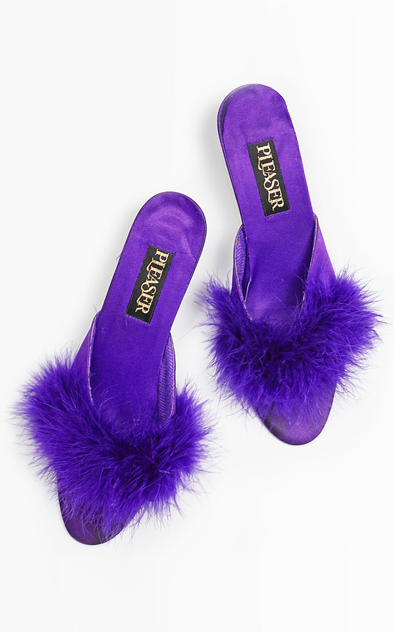PLEASER Purple Feather Mules Sandals